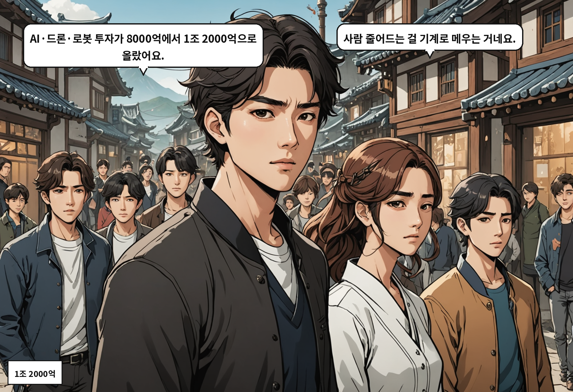 B: AI·드론·로봇 투자가 8000억에서 1조 2000억으로 올랐어요. A: 사람 줄어드는 걸 기계로 메우는 거네요.