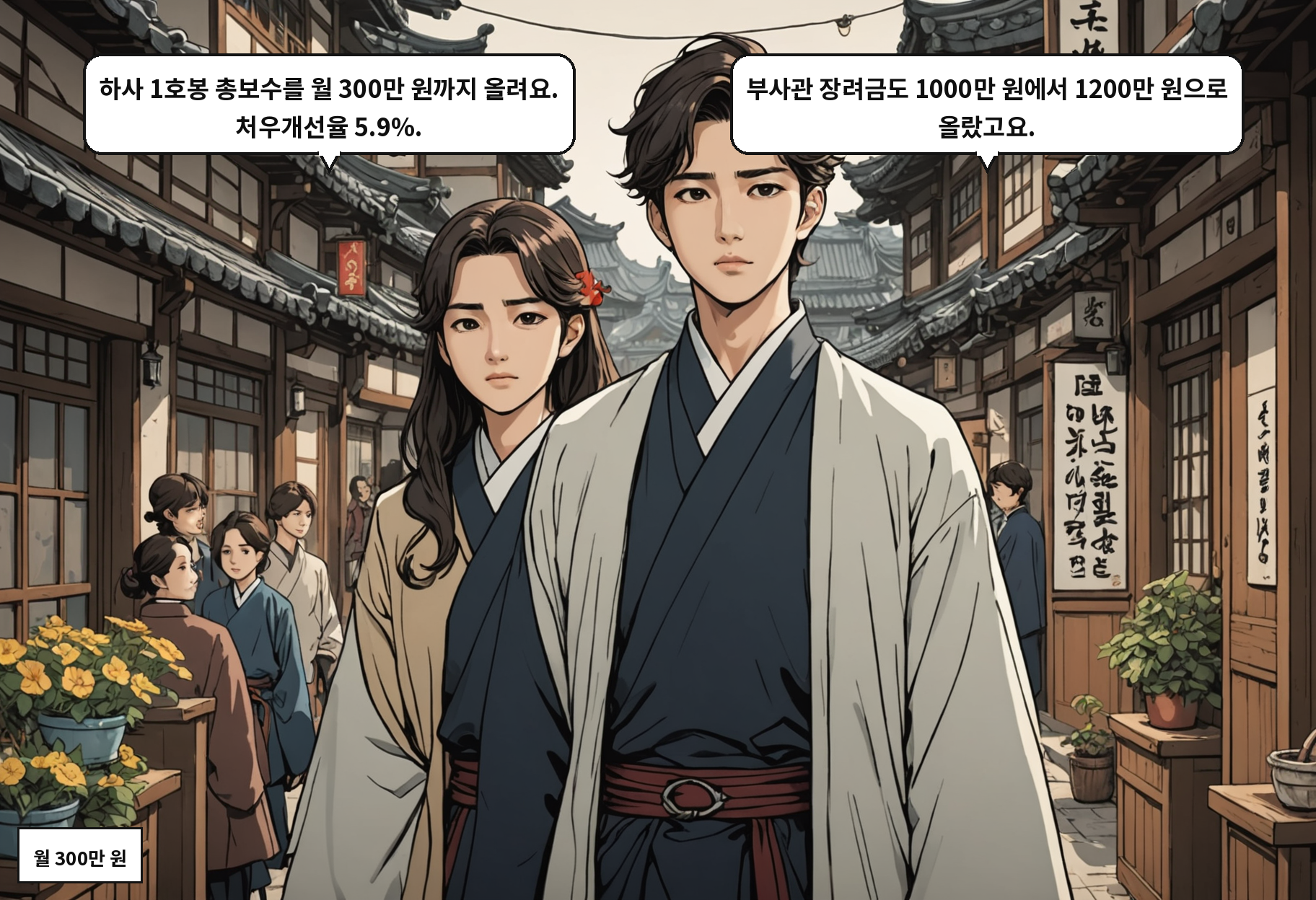 B: 하사 1호봉 총보수를 월 300만 원까지 올려요. 처우개선율 5.9%. A: 부사관 장려금도 1000만 원에서 1200만 원으로 올랐고요.