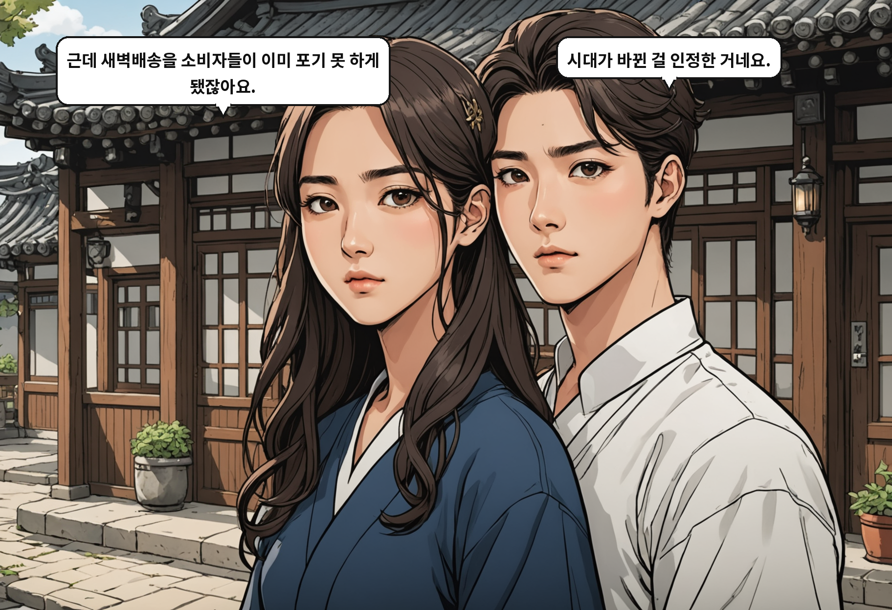 A: 근데 새벽배송을 소비자들이 이미 포기 못 하게 됐잖아요. B: 시대가 바뀐 걸 인정한 거네요.