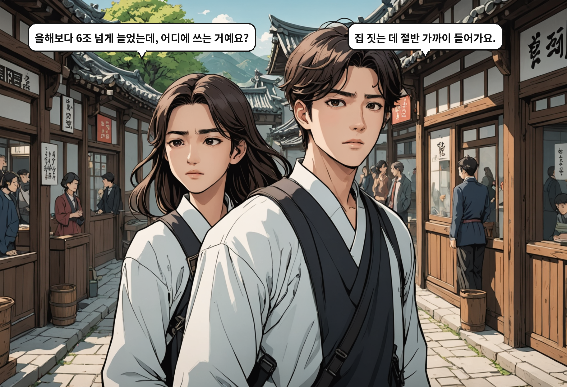 A: 올해보다 6조 넘게 늘었는데, 어디에 쓰는 거예요? B: 집 짓는 데 절반 가까이 들어가요.