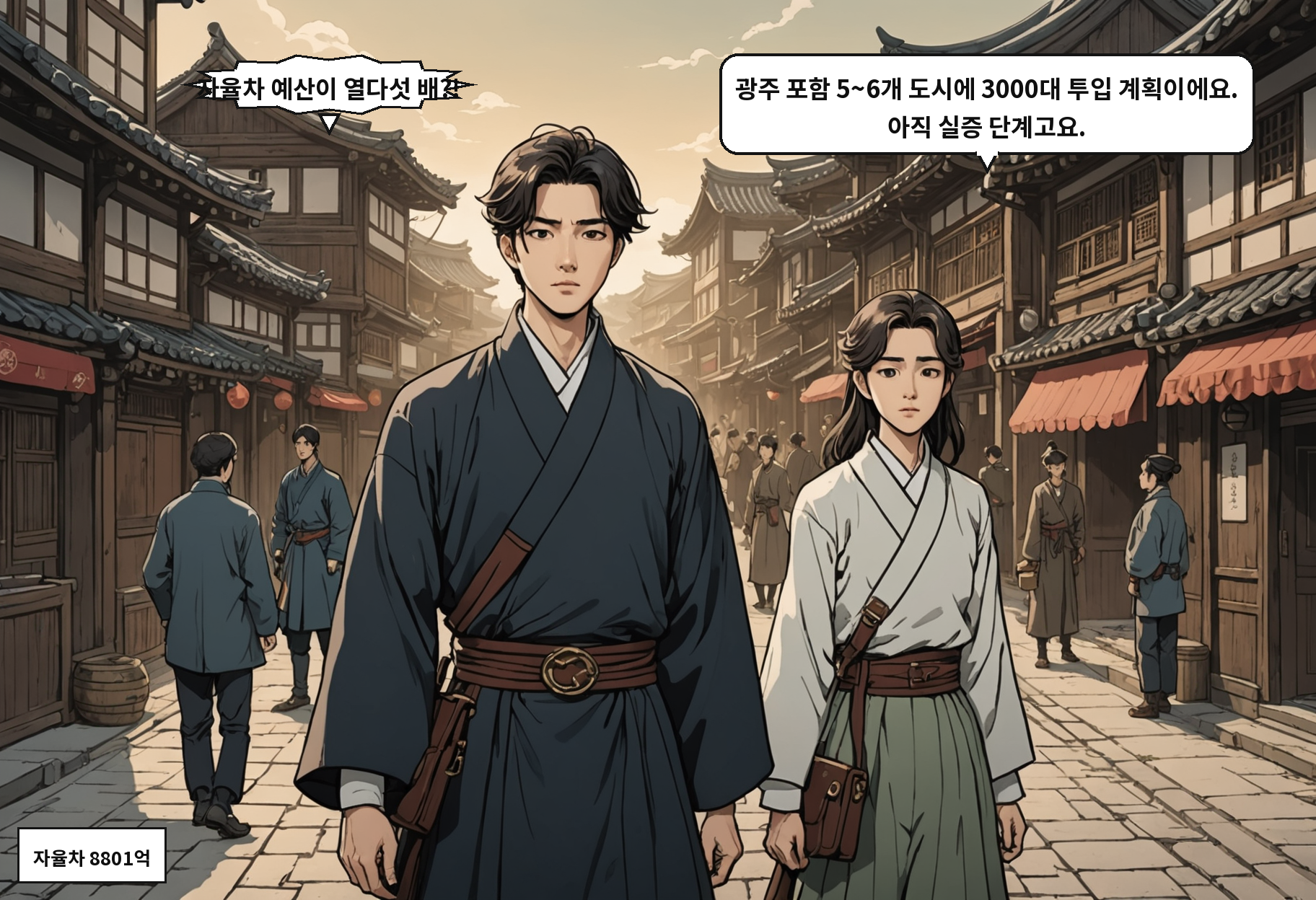 A: 자율차 예산이 열다섯 배?! B: 광주 포함 5~6개 도시에 3000대 투입 계획이에요. 아직 실증 단계고요.
