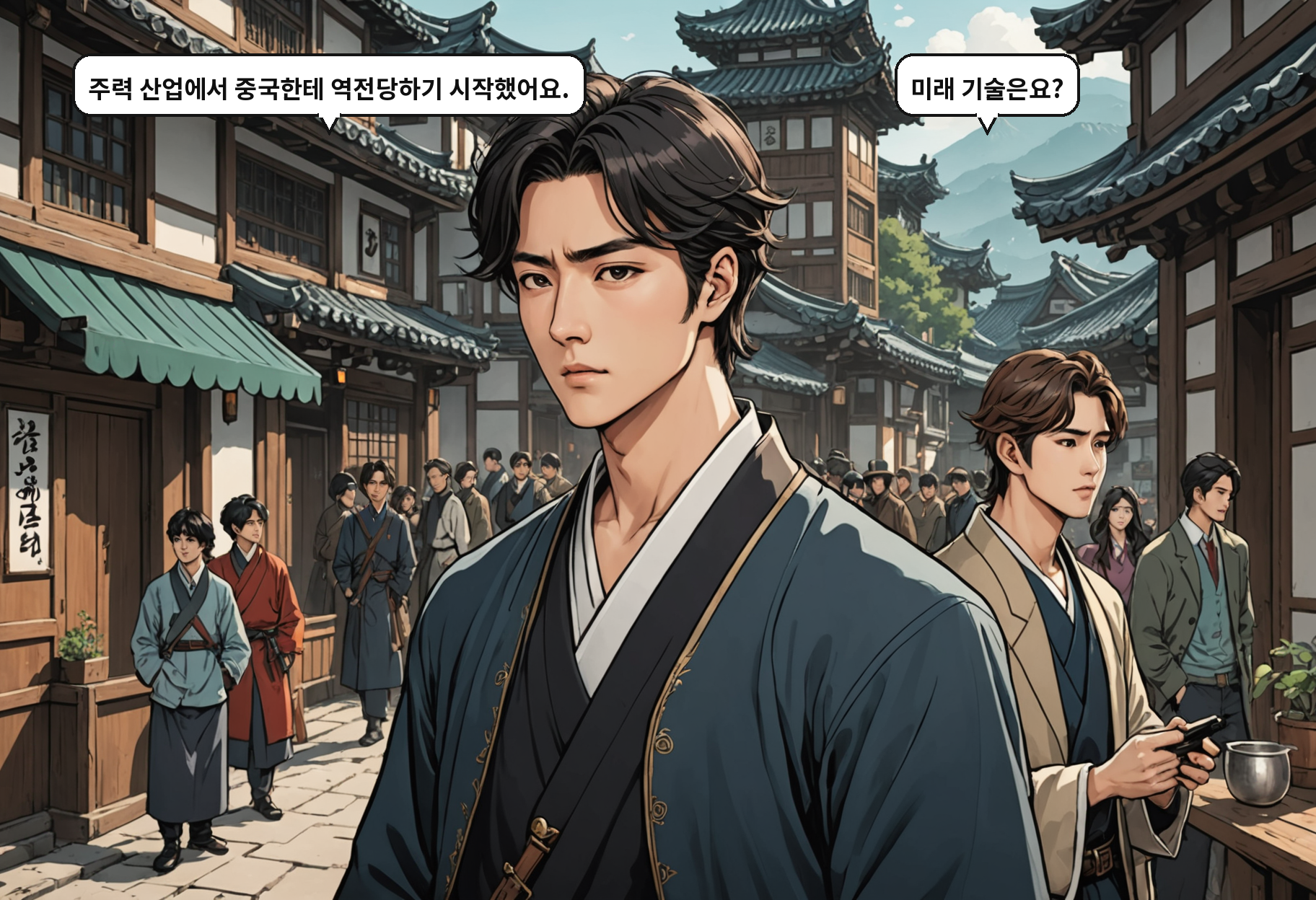 B: 주력 산업에서 중국한테 역전당하기 시작했어요. A: 미래 기술은요?