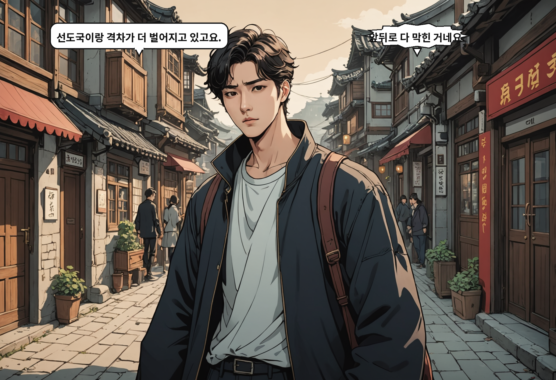 B: 선도국이랑 격차가 더 벌어지고 있고요. A: 앞뒤로 다 막힌 거네요.