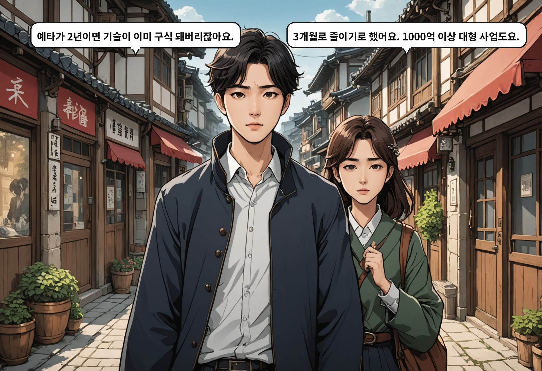 A: 예타가 2년이면 기술이 이미 구식 돼버리잖아요. B: 3개월로 줄이기로 했어요. 1000억 이상 대형 사업도요.