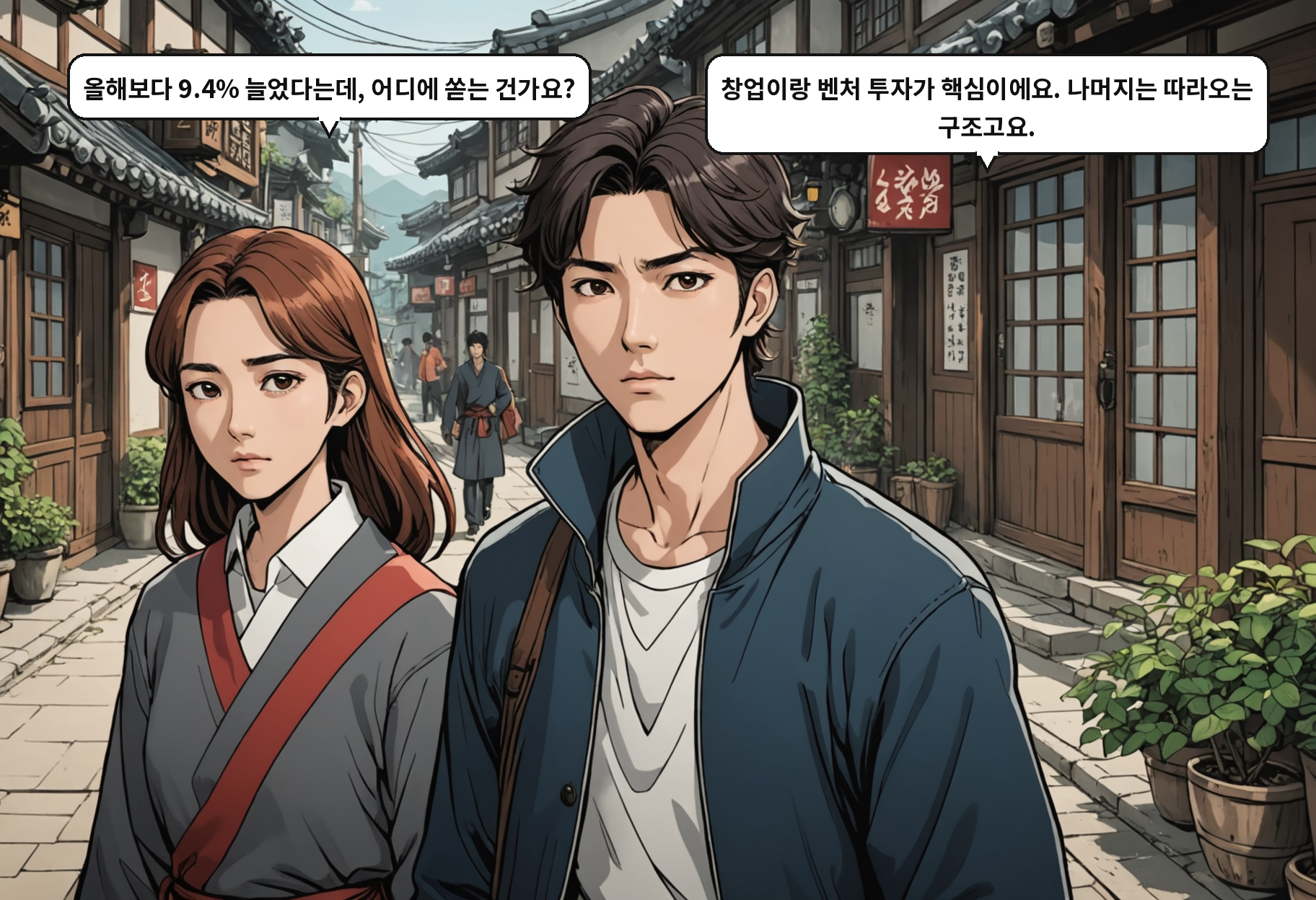 A: 올해보다 9.4% 늘었다는데, 어디에 쏟는 건가요? B: 창업이랑 벤처 투자가 핵심이에요. 나머지는 따라오는 구조고요.