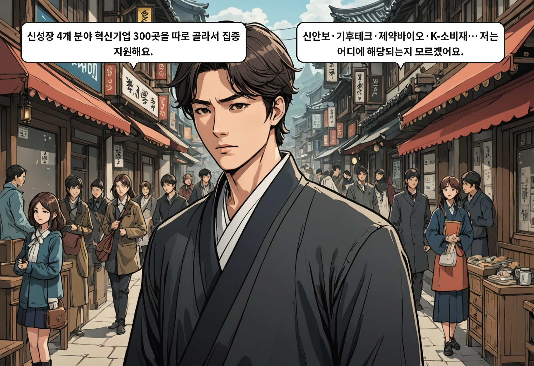 B: 신성장 4개 분야 혁신기업 300곳을 따로 골라서 집중 지원해요. A: 신안보·기후테크·제약바이오·K-소비재… 저는 어디에 해당되는지 모르겠어요.