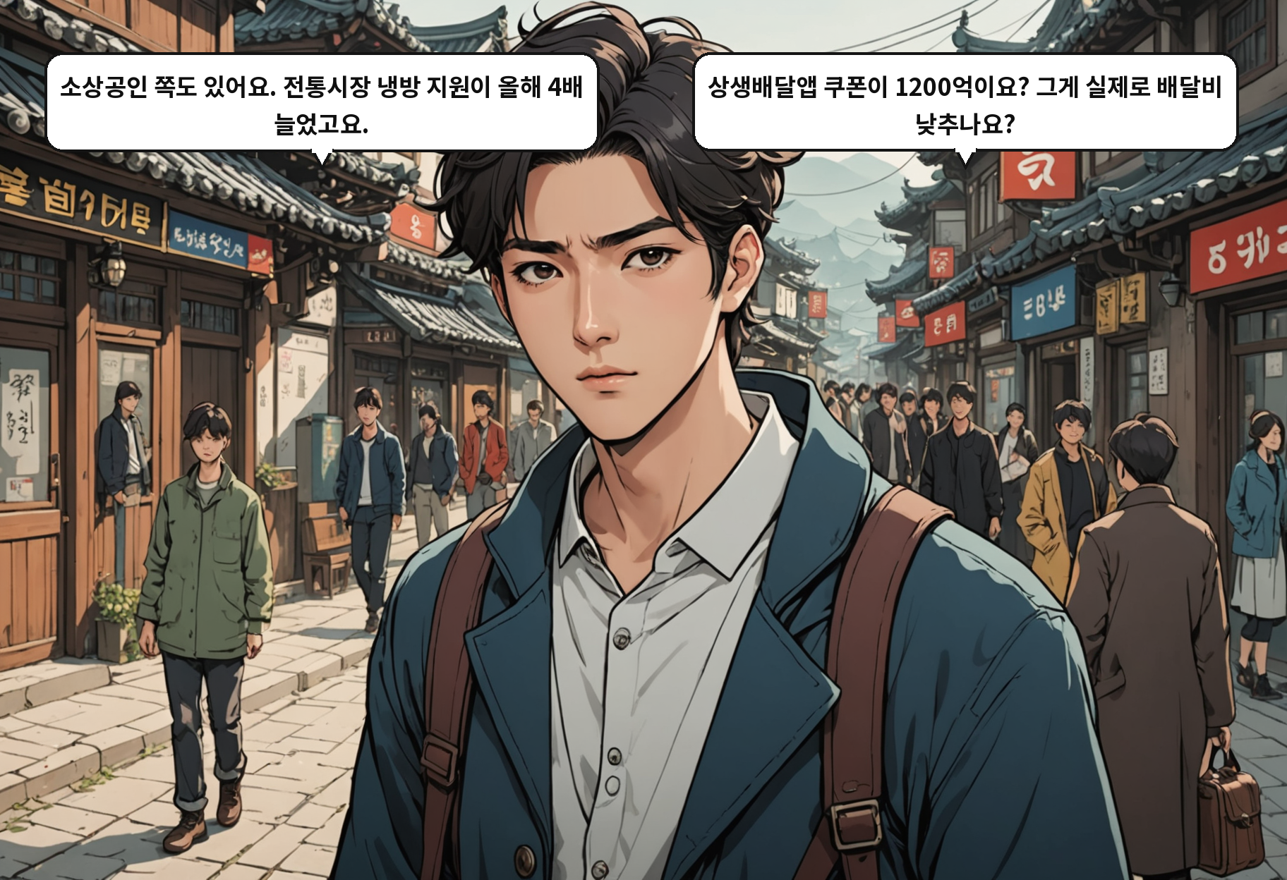 B: 소상공인 쪽도 있어요. 전통시장 냉방 지원이 올해 4배 늘었고요. A: 상생배달앱 쿠폰이 1200억이요? 그게 실제로 배달비 낮추나요?