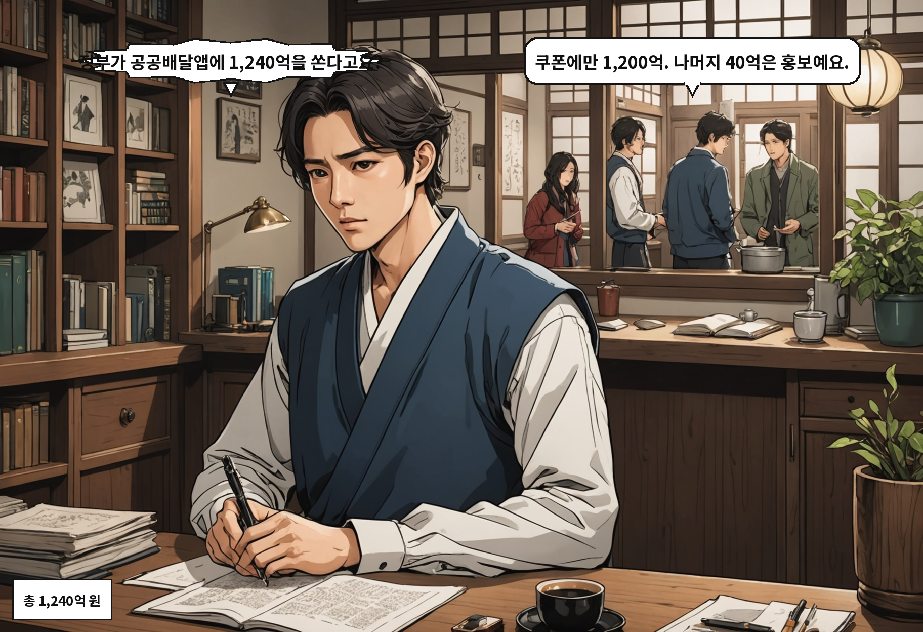 A: 정부가 공공배달앱에 1,240억을 쏜다고요? B: 쿠폰에만 1,200억. 나머지 40억은 홍보예요.
