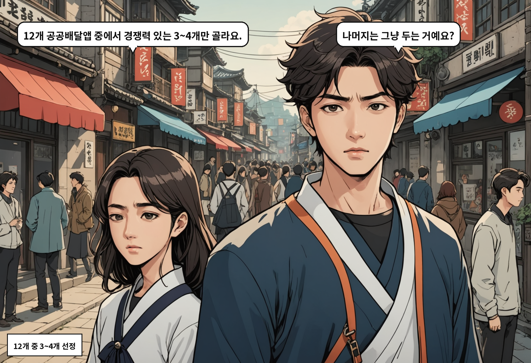 B: 12개 공공배달앱 중에서 경쟁력 있는 3~4개만 골라요. A: 나머지는 그냥 두는 거예요?