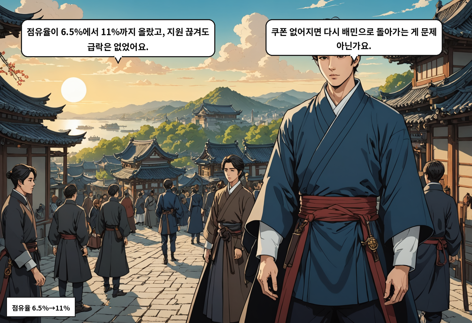 B: 점유율이 6.5%에서 11%까지 올랐고, 지원 끊겨도 급락은 없었어요. A: 쿠폰 없어지면 다시 배민으로 돌아가는 게 문제 아닌가요.
