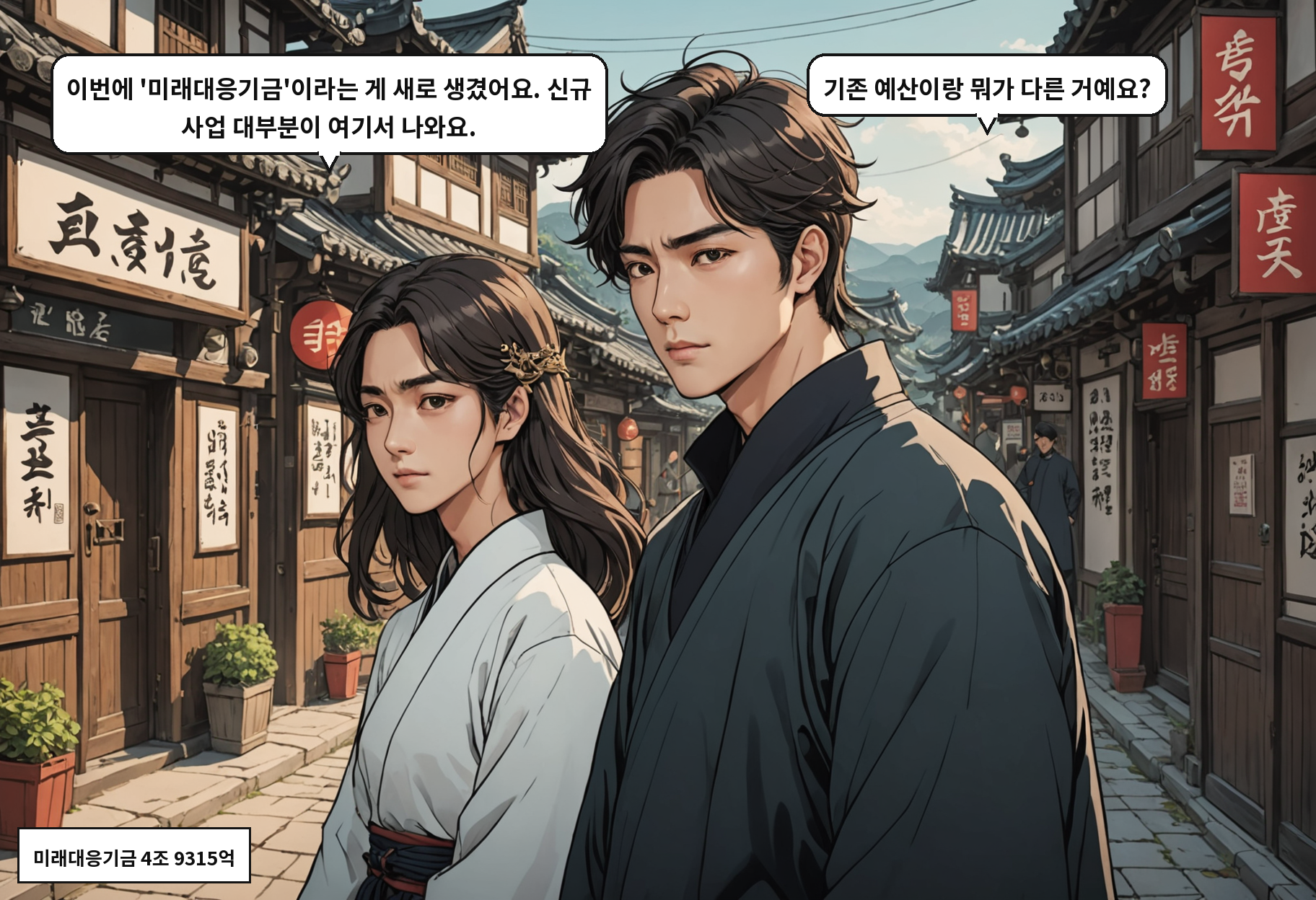 B: 이번에 '미래대응기금'이라는 게 새로 생겼어요. 신규 사업 대부분이 여기서 나와요. A: 기존 예산이랑 뭐가 다른 거예요?