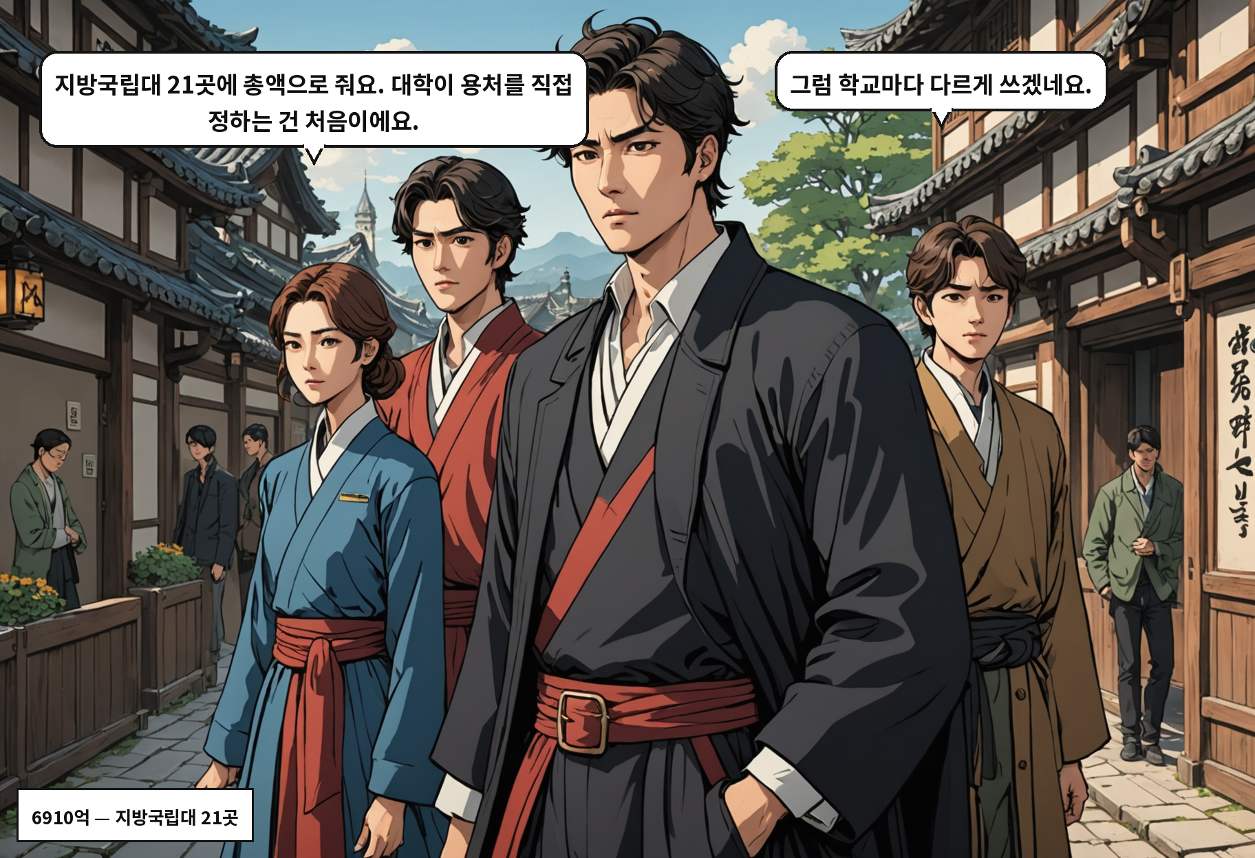 B: 지방국립대 21곳에 총액으로 줘요. 대학이 용처를 직접 정하는 건 처음이에요. A: 그럼 학교마다 다르게 쓰겠네요.