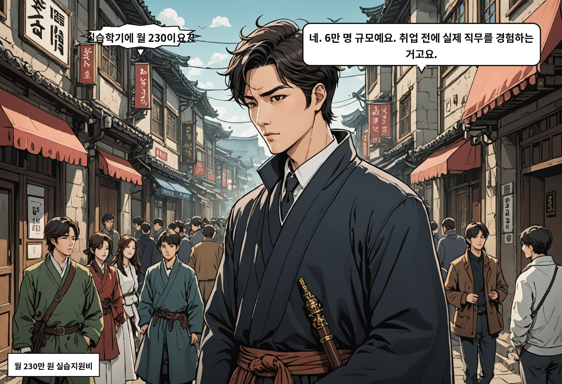 A: 실습학기에 월 230이요?! B: 네. 6만 명 규모예요. 취업 전에 실제 직무를 경험하는 거고요.