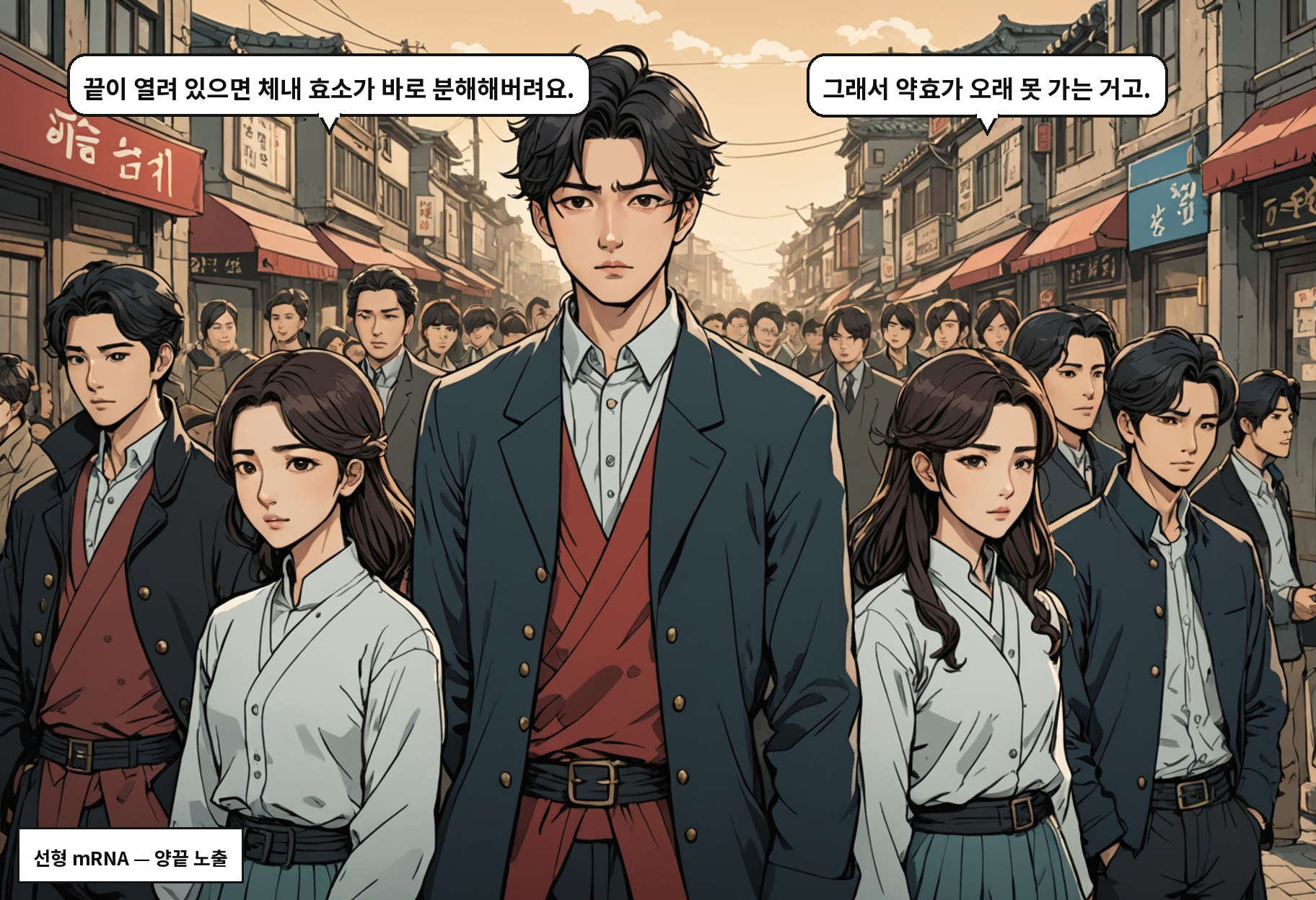 A: 끝이 열려 있으면 체내 효소가 바로 분해해버려요. B: 그래서 약효가 오래 못 가는 거고.