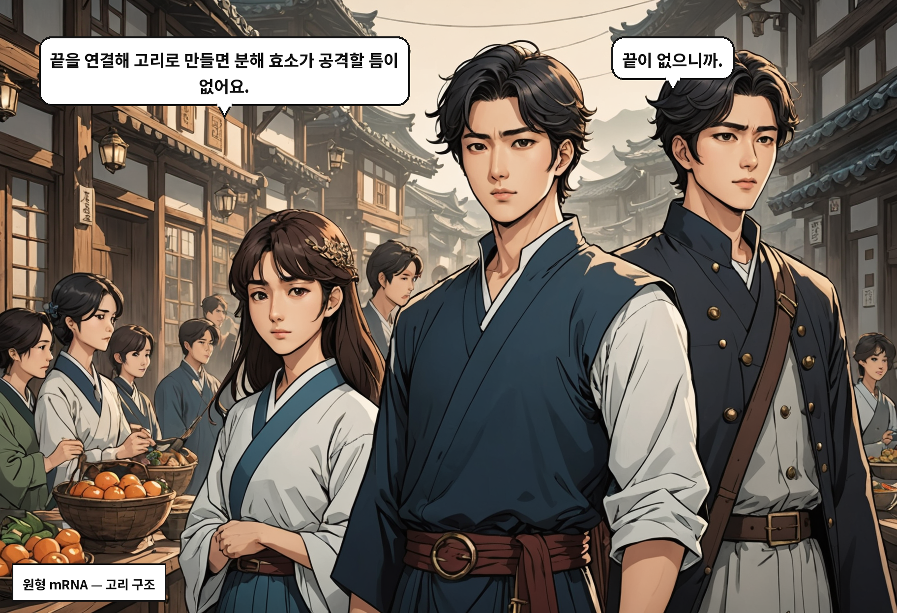 A: 끝을 연결해 고리로 만들면 분해 효소가 공격할 틈이 없어요. B: 끝이 없으니까.