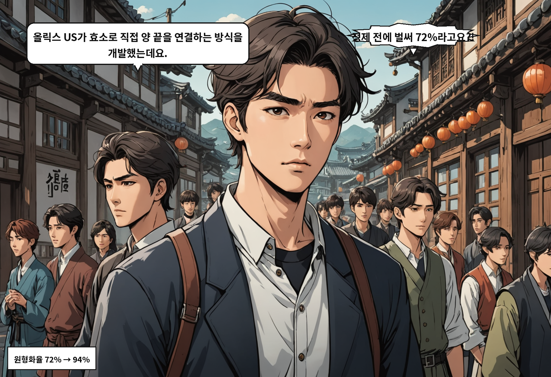 A: 올릭스 US가 효소로 직접 양 끝을 연결하는 방식을 개발했는데요. B: 정제 전에 벌써 72%라고요?!