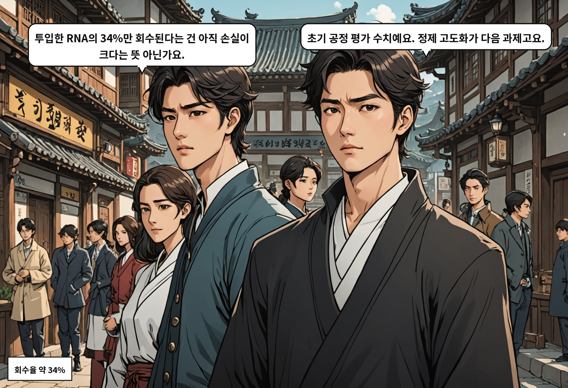 B: 투입한 RNA의 34%만 회수된다는 건 아직 손실이 크다는 뜻 아닌가요. A: 초기 공정 평가 수치예요. 정제 고도화가 다음 과제고요.