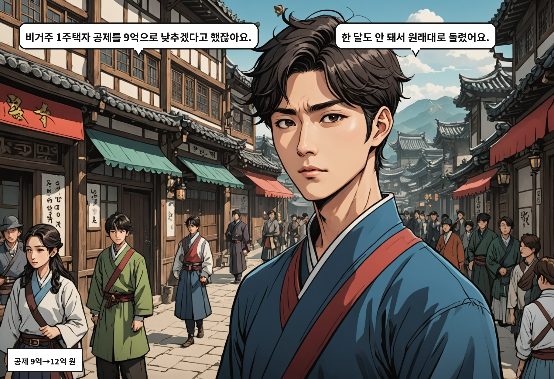 A: 비거주 1주택자 공제를 9억으로 낮추겠다고 했잖아요. B: 한 달도 안 돼서 원래대로 돌렸어요.