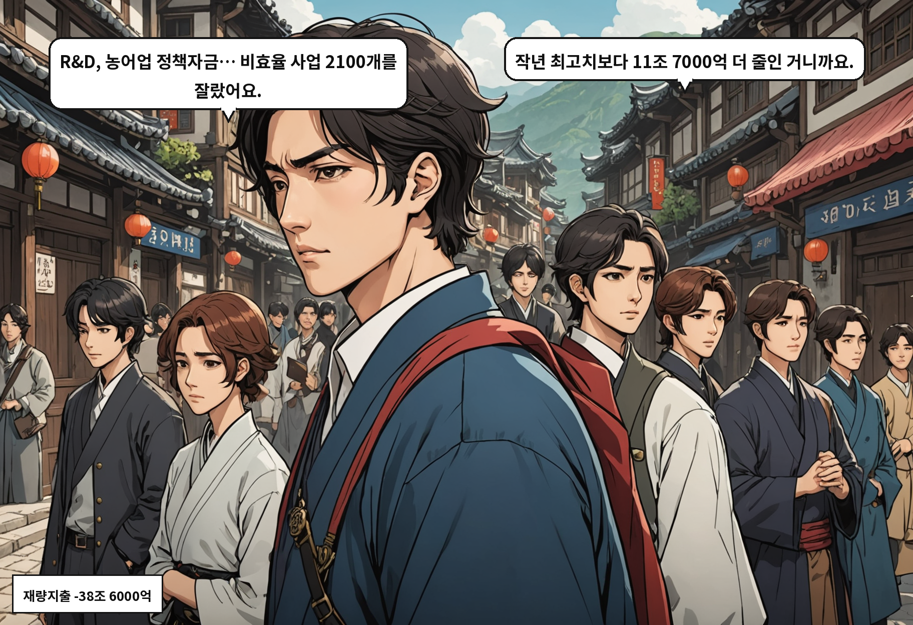 A: R&D, 농어업 정책자금… 비효율 사업 2100개를 잘랐어요. B: 작년 최고치보다 11조 7000억 더 줄인 거니까요.