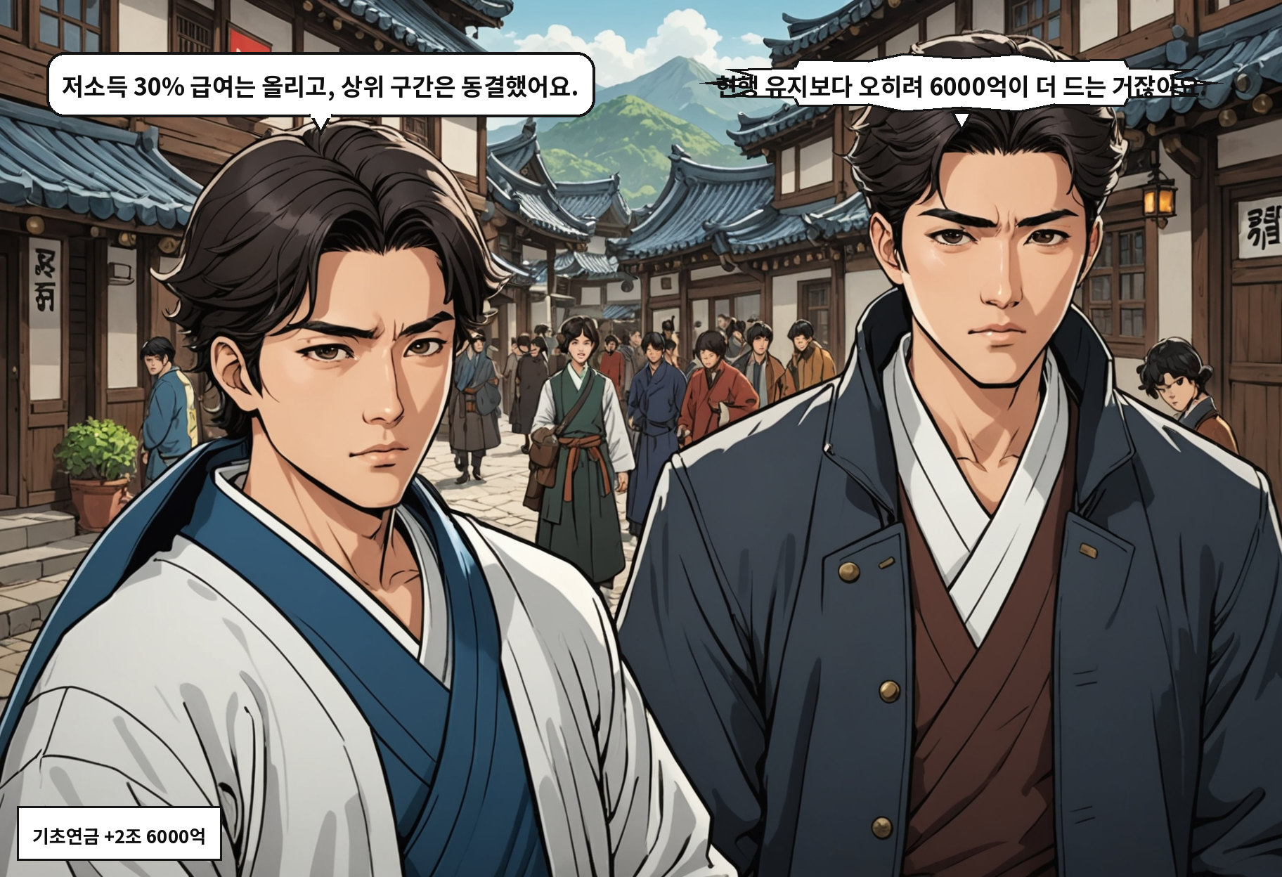 B: 저소득 30% 급여는 올리고, 상위 구간은 동결했어요. A: 현행 유지보다 오히려 6000억이 더 드는 거잖아요.