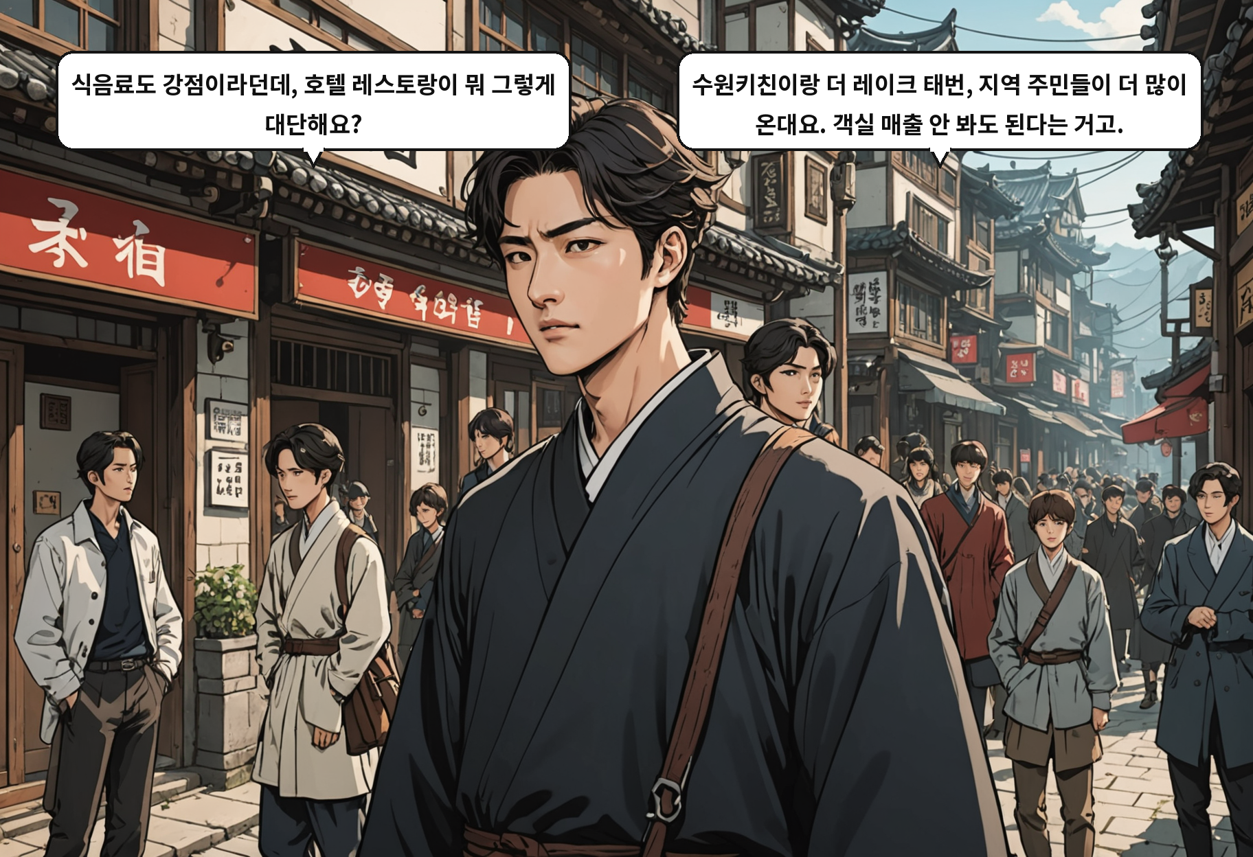A: 식음료도 강점이라던데, 호텔 레스토랑이 뭐 그렇게 대단해요? B: 수원키친이랑 더 레이크 태번, 지역 주민들이 더 많이 온대요. 객실 매출 안 봐도 된다는 거고.