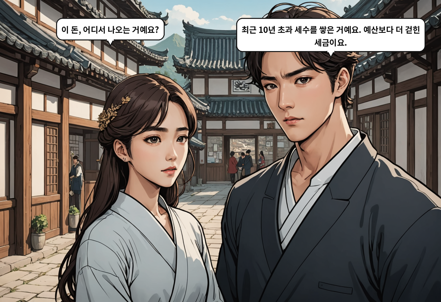 A: 이 돈, 어디서 나오는 거예요? B: 최근 10년 초과 세수를 쌓은 거예요. 예산보다 더 걷힌 세금이요.