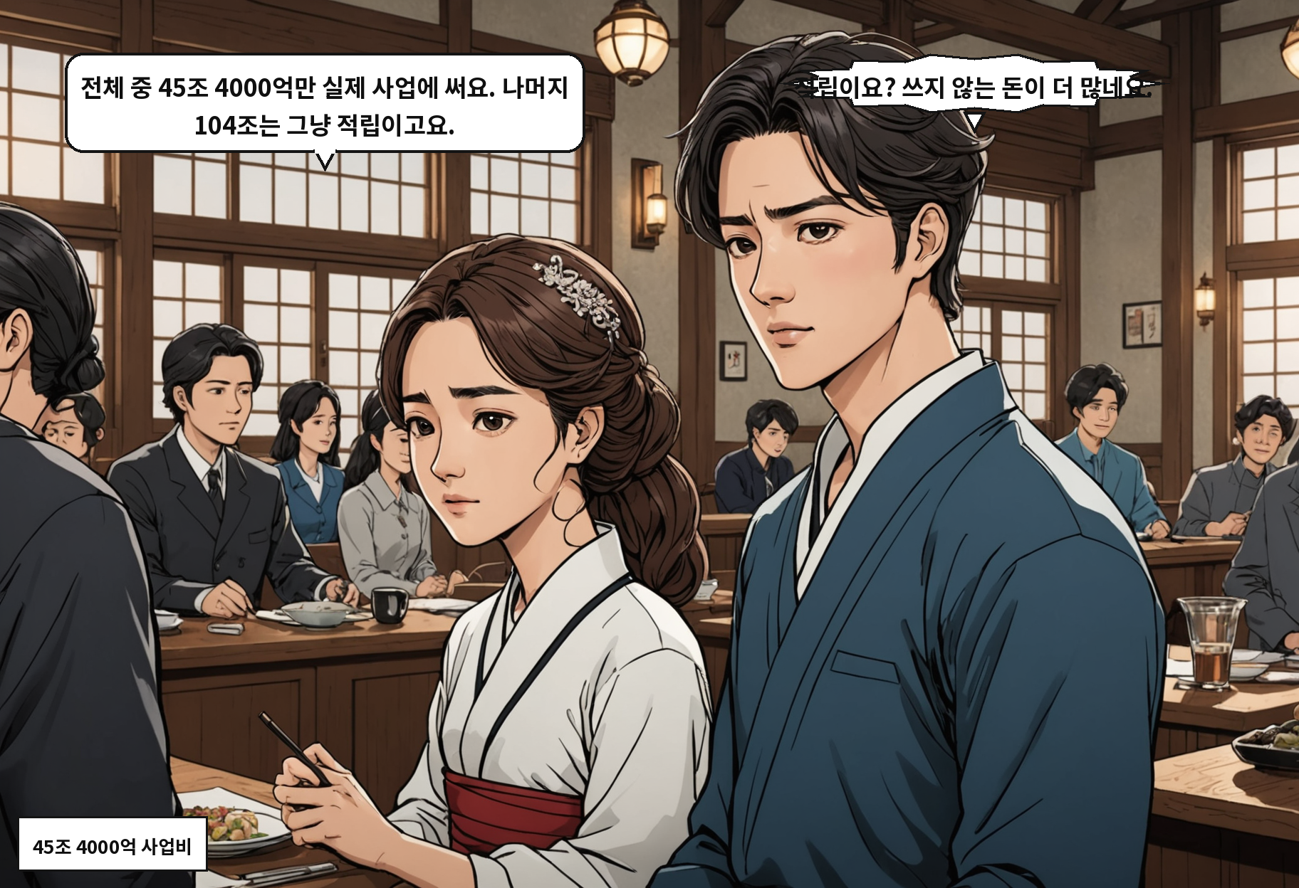 B: 전체 중 45조 4000억만 실제 사업에 써요. 나머지 104조는 그냥 적립이고요. A: 적립이요? 쓰지 않는 돈이 더 많네요.