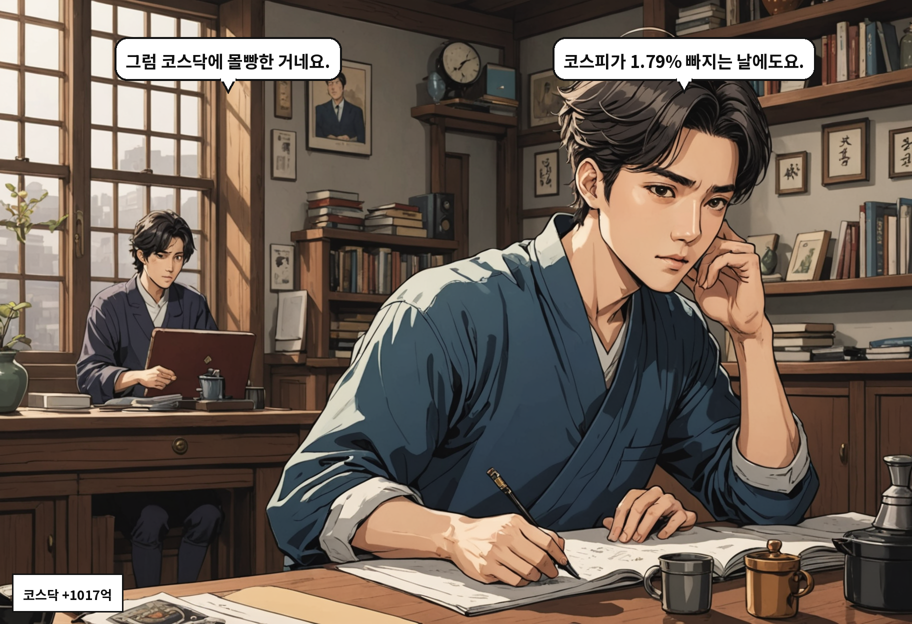 A: 그럼 코스닥에 몰빵한 거네요. B: 코스피가 1.79% 빠지는 날에도요.