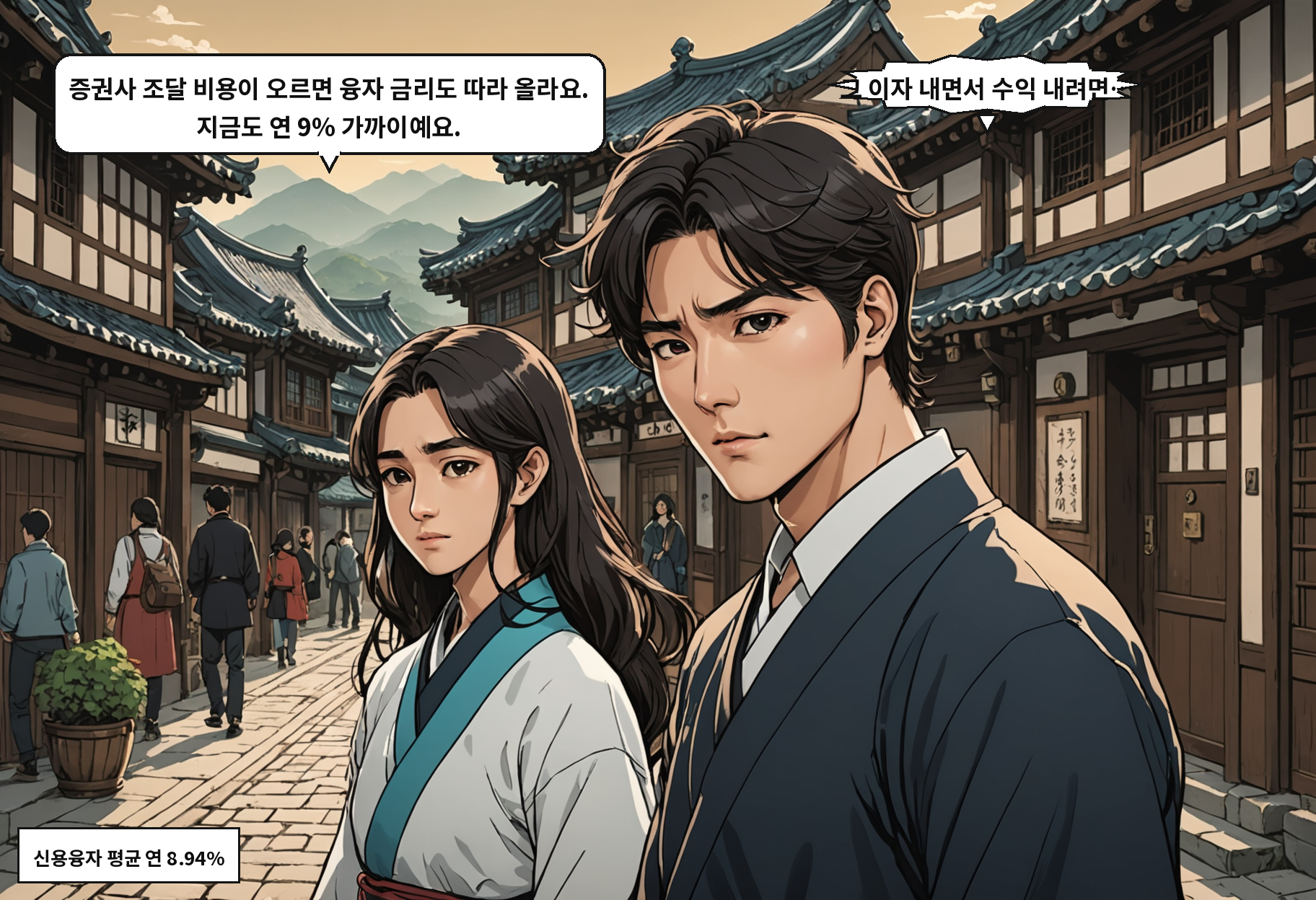 B: 증권사 조달 비용이 오르면 융자 금리도 따라 올라요. 지금도 연 9% 가까이예요. A: 그 이자 내면서 수익 내려면…