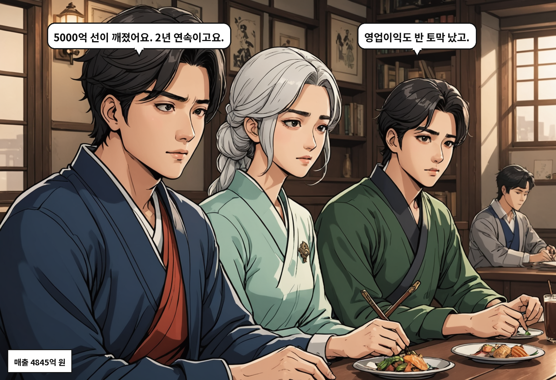 A: 5000억 선이 깨졌어요. 2년 연속이고요. B: 영업이익도 반 토막 났고.
