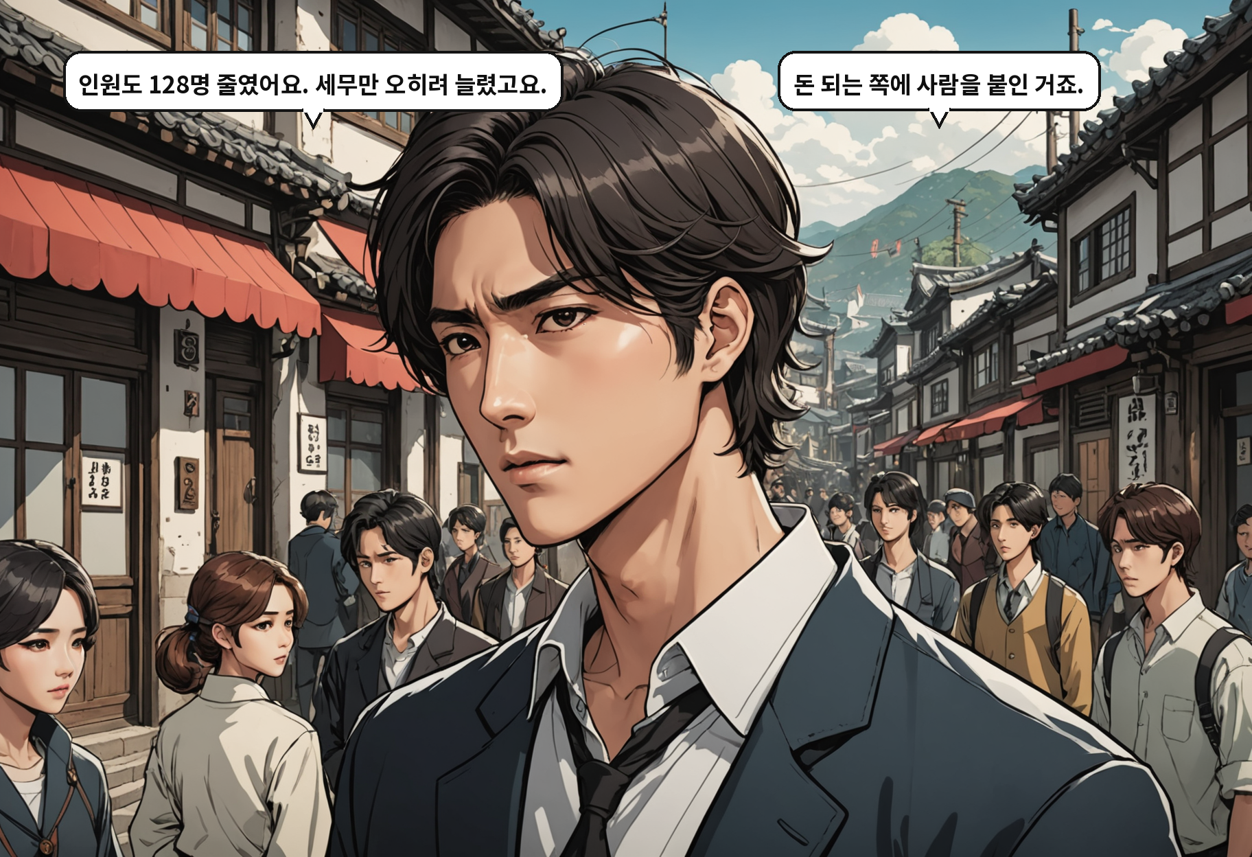 A: 인원도 128명 줄였어요. 세무만 오히려 늘렸고요. B: 돈 되는 쪽에 사람을 붙인 거죠.