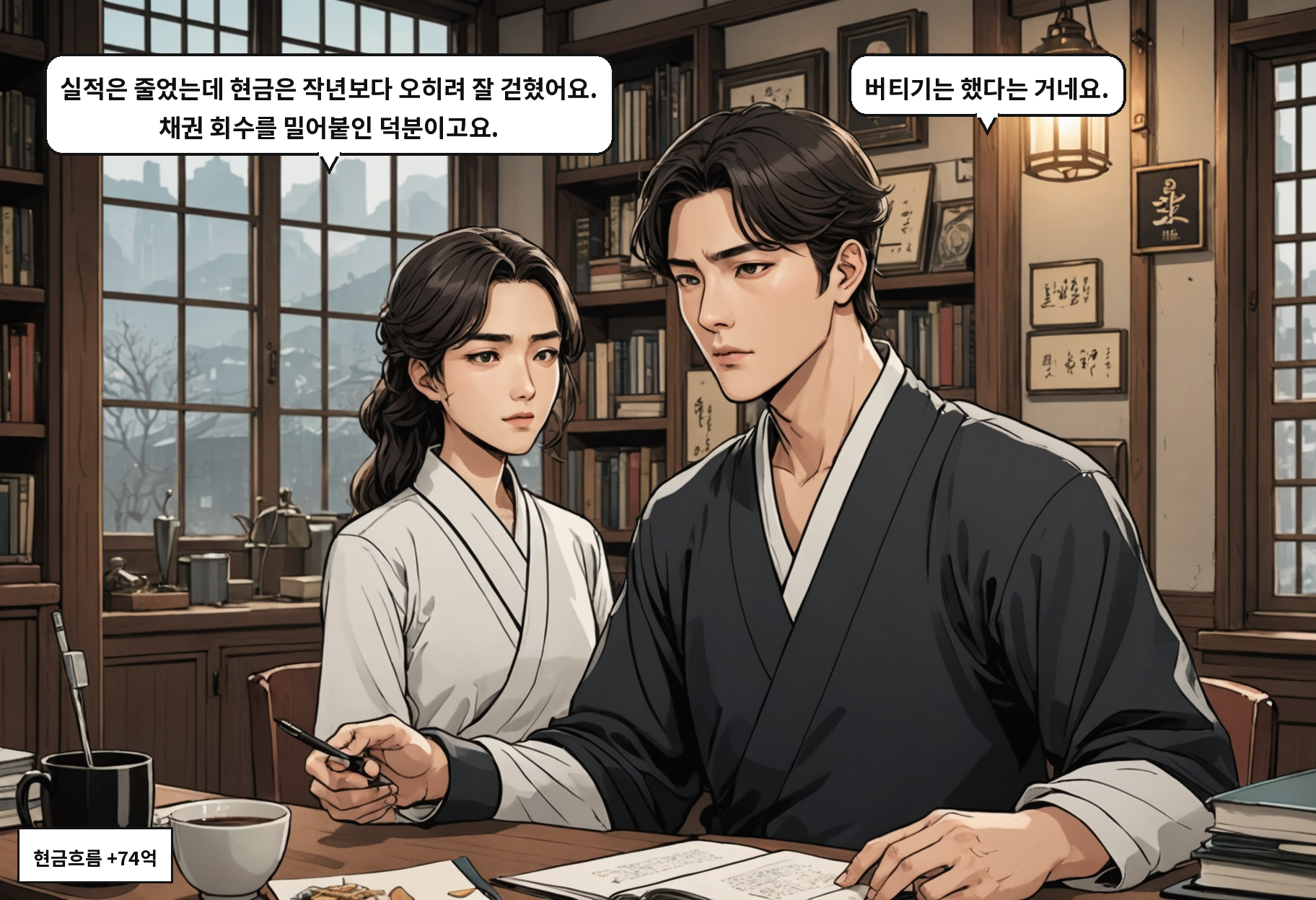 A: 실적은 줄었는데 현금은 작년보다 오히려 잘 걷혔어요. 채권 회수를 밀어붙인 덕분이고요. B: 버티기는 했다는 거네요.