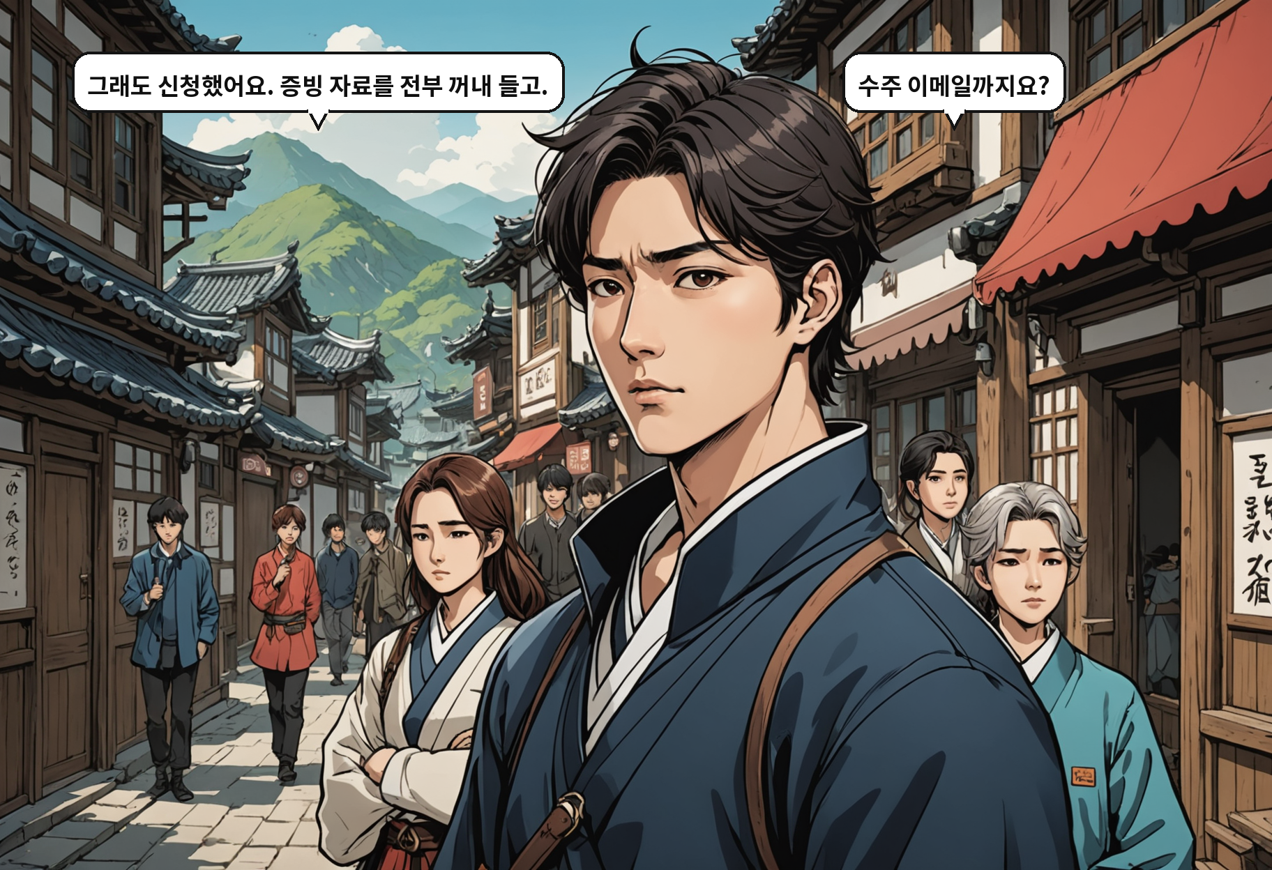 B: 그래도 신청했어요. 증빙 자료를 전부 꺼내 들고. A: 수주 이메일까지요?