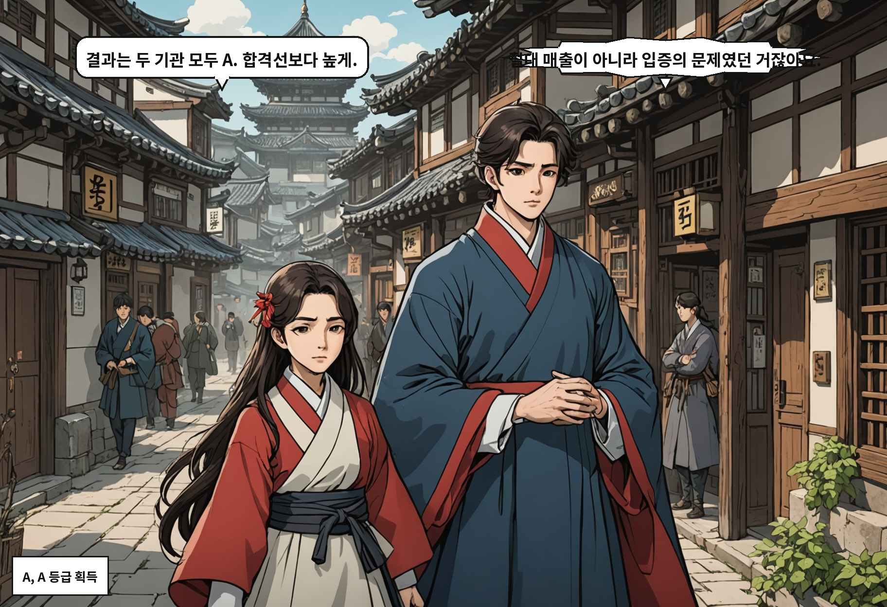 B: 결과는 두 기관 모두 A. 합격선보다 높게. A: 절대 매출이 아니라 입증의 문제였던 거잖아요.