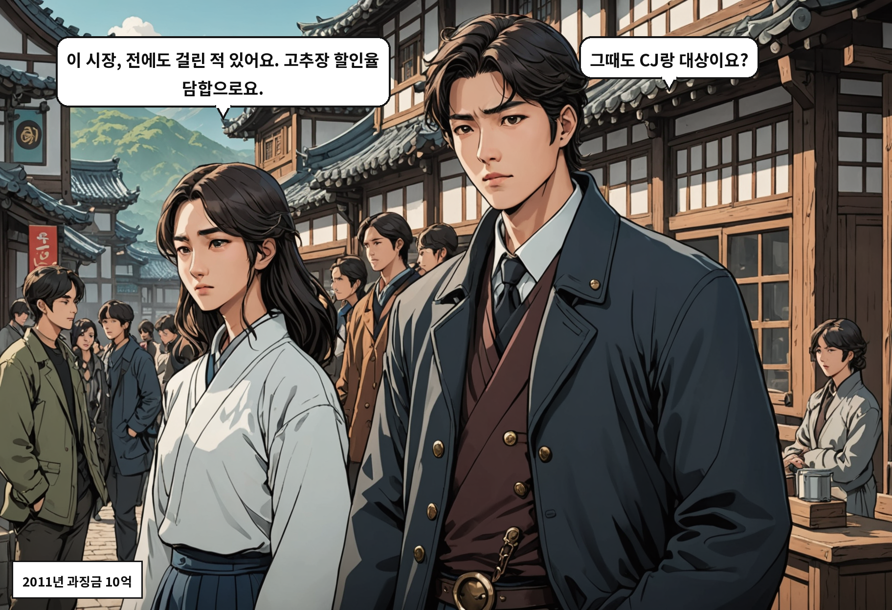 B: 이 시장, 전에도 걸린 적 있어요. 고추장 할인율 담합으로요. A: 그때도 CJ랑 대상이요?