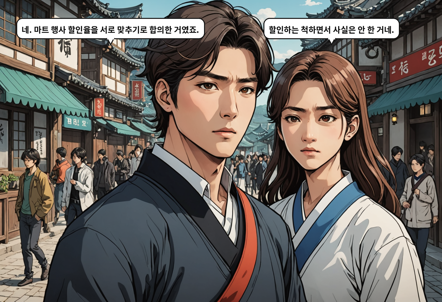 B: 네. 마트 행사 할인율을 서로 맞추기로 합의한 거였죠. A: 할인하는 척하면서 사실은 안 한 거네.