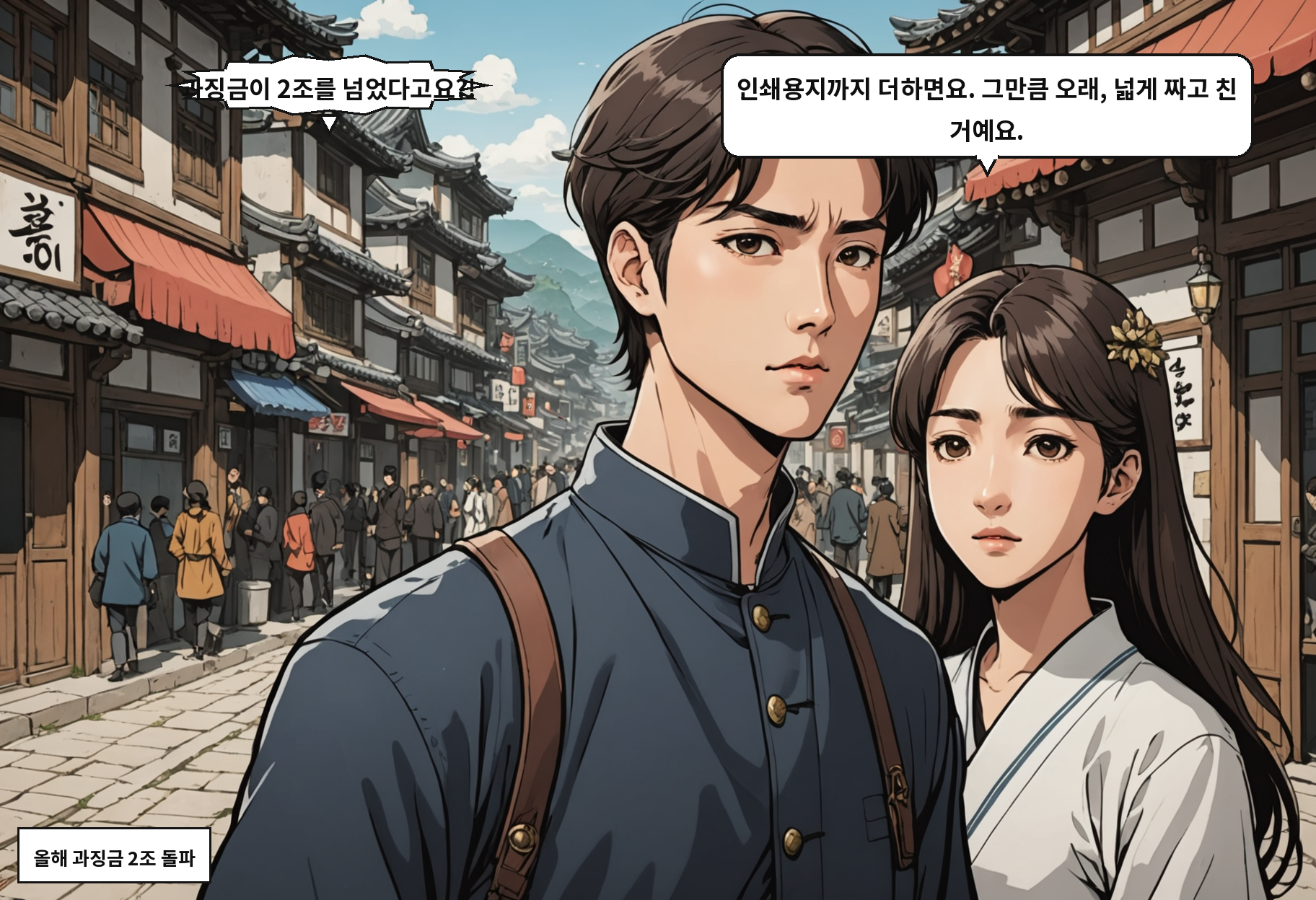 A: 과징금이 2조를 넘었다고요?! B: 인쇄용지까지 더하면요. 그만큼 오래, 넓게 짜고 친 거예요.