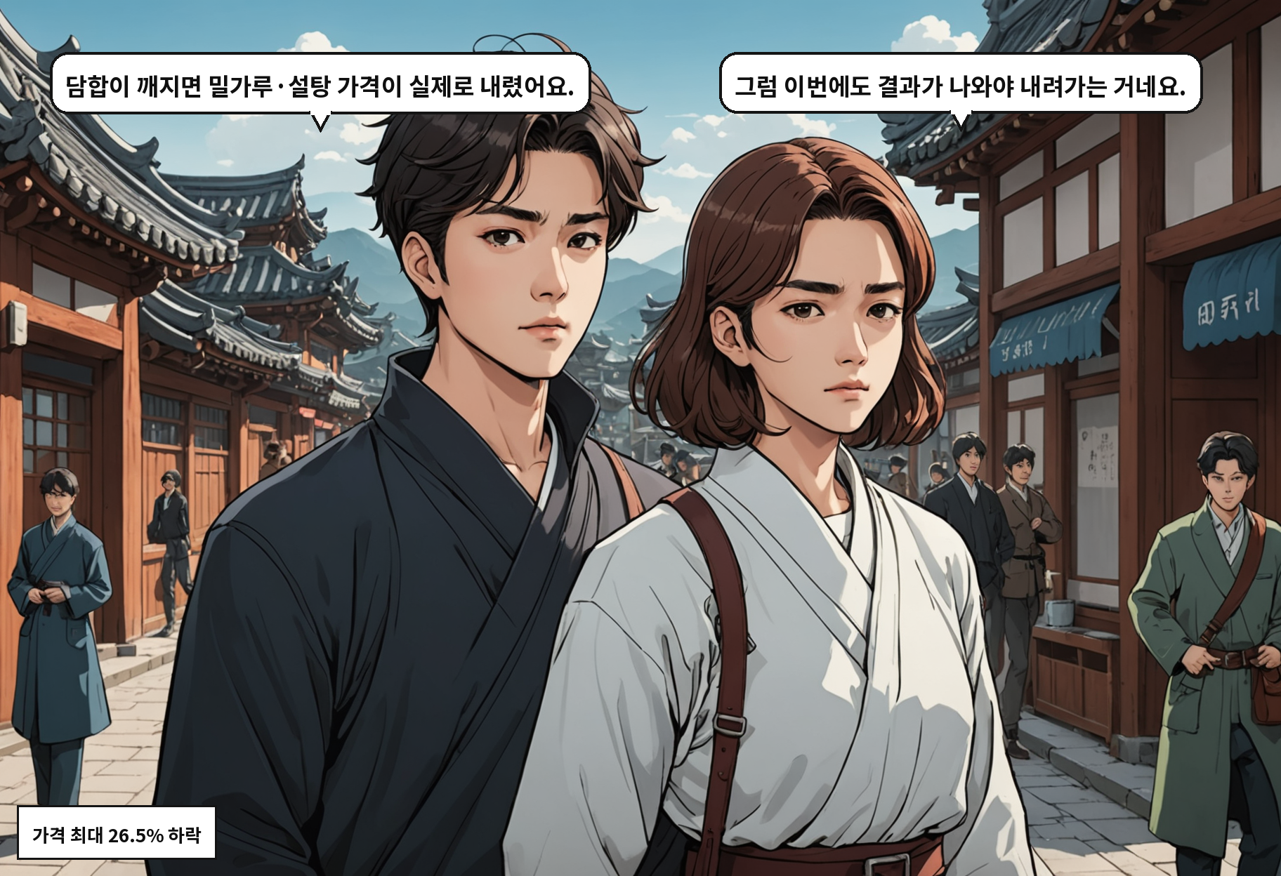 B: 담합이 깨지면 밀가루·설탕 가격이 실제로 내렸어요. A: 그럼 이번에도 결과가 나와야 내려가는 거네요.