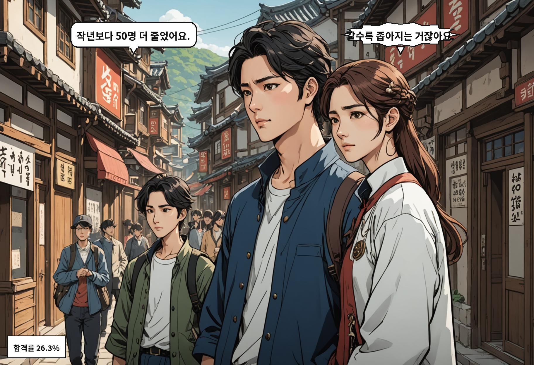 B: 작년보다 50명 더 줄었어요. A: 갈수록 좁아지는 거잖아요.