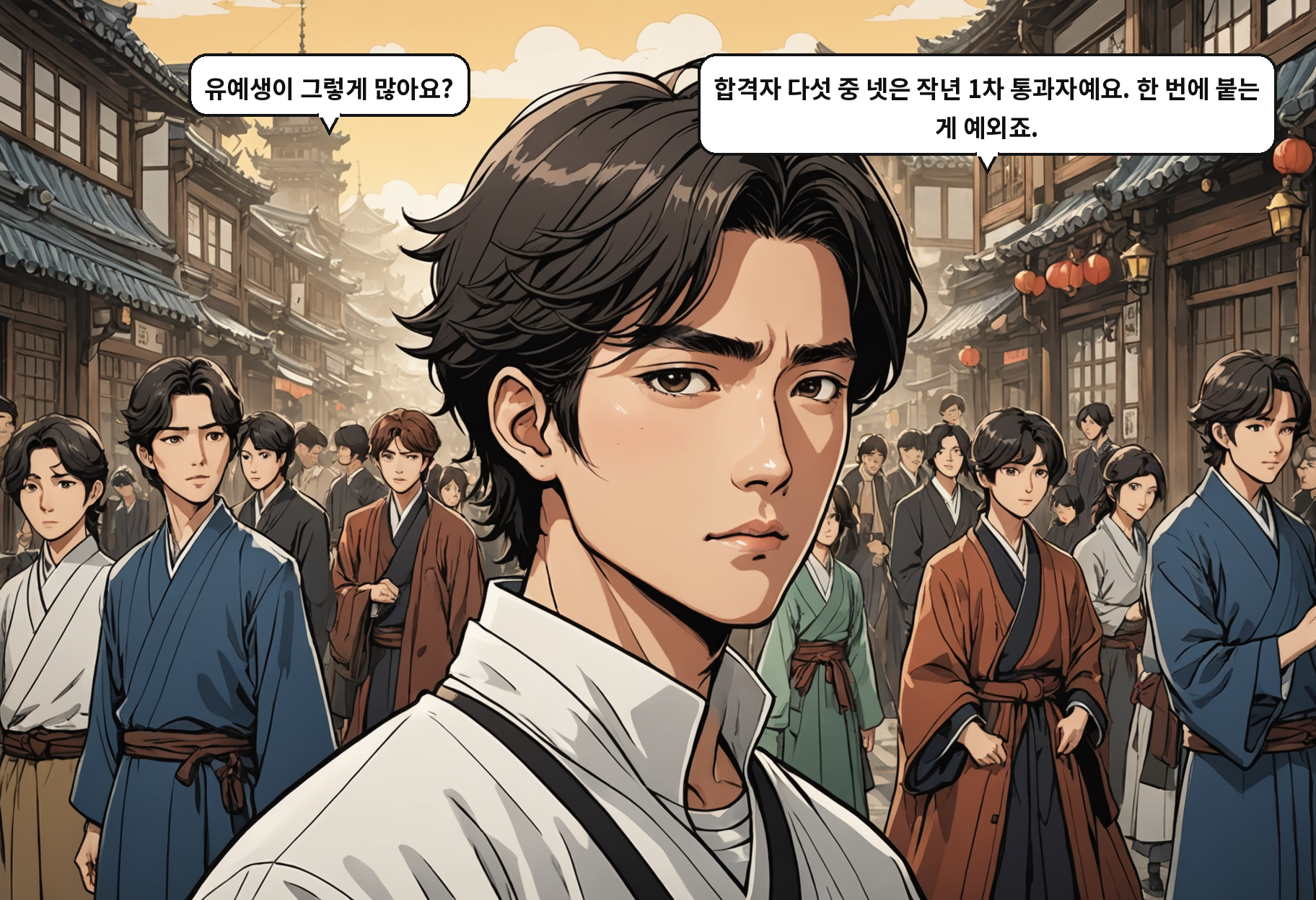 A: 유예생이 그렇게 많아요? B: 합격자 다섯 중 넷은 작년 1차 통과자예요. 한 번에 붙는 게 예외죠.
