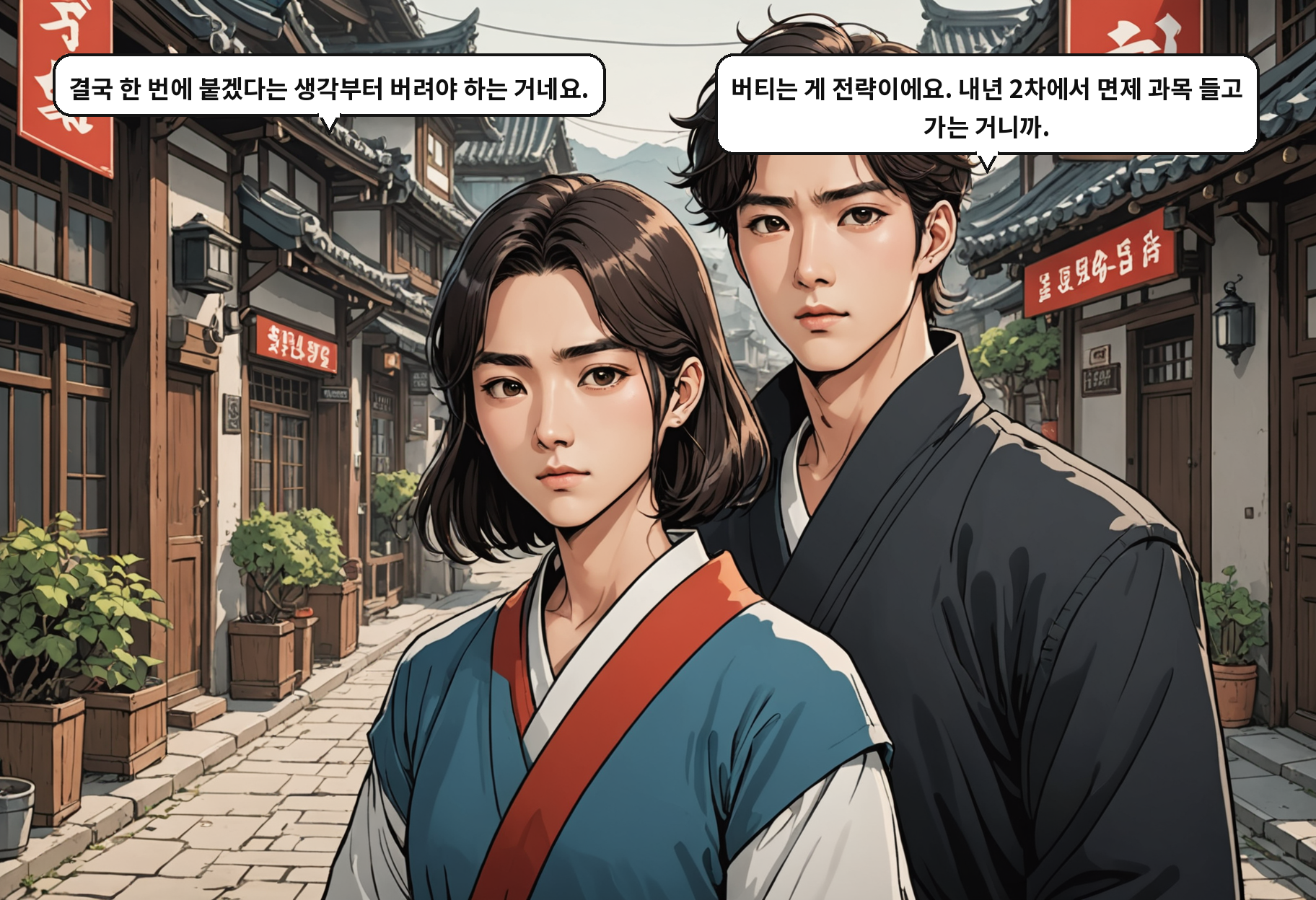 A: 결국 한 번에 붙겠다는 생각부터 버려야 하는 거네요. B: 버티는 게 전략이에요. 내년 2차에서 면제 과목 들고 가는 거니까.