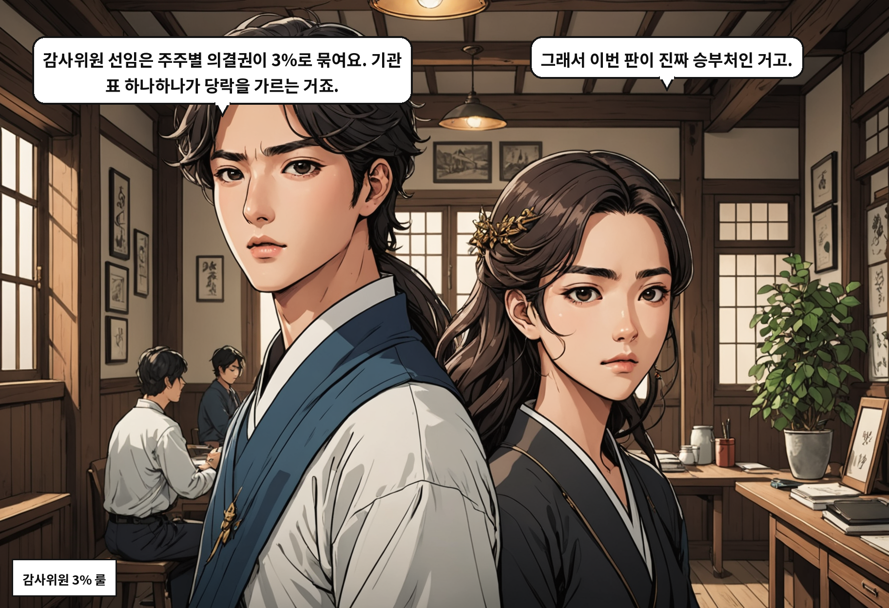A: 감사위원 선임은 주주별 의결권이 3%로 묶여요. 기관 표 하나하나가 당락을 가르는 거죠. B: 그래서 이번 판이 진짜 승부처인 거고.