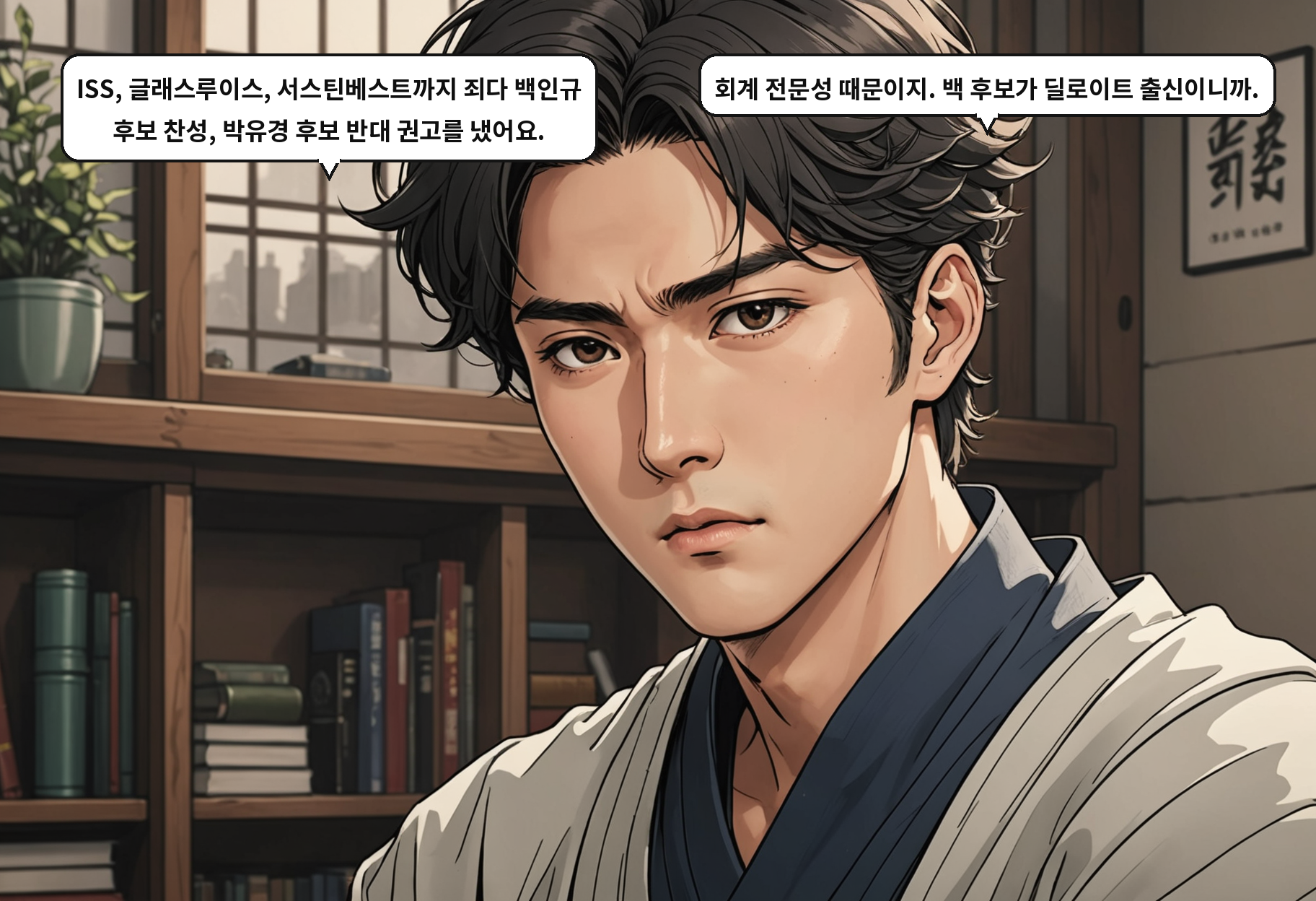 A: ISS, 글래스루이스, 서스틴베스트까지 죄다 백인규 후보 찬성, 박유경 후보 반대 권고를 냈어요. B: 회계 전문성 때문이지. 백 후보가 딜로이트 출신이니까.