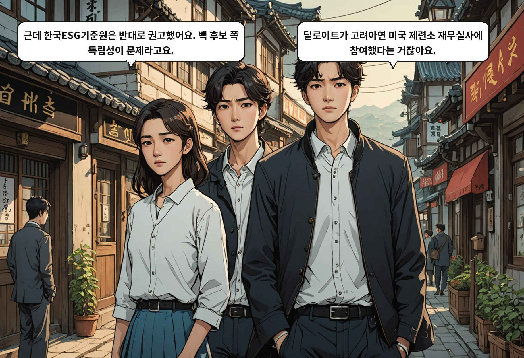 A: 근데 한국ESG기준원은 반대로 권고했어요. 백 후보 쪽 독립성이 문제라고요. B: 딜로이트가 고려아연 미국 제련소 재무실사에 참여했다는 거잖아요.