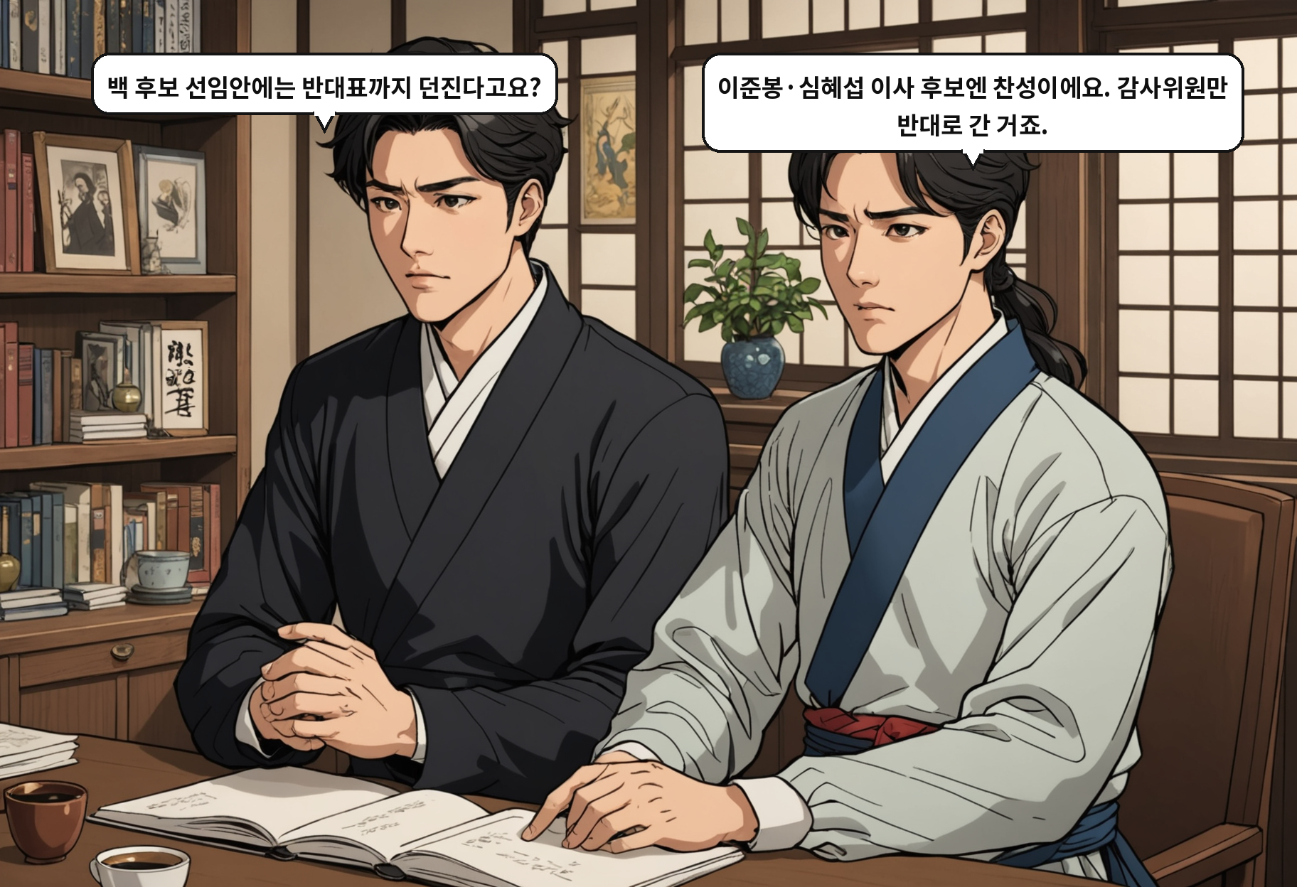 B: 백 후보 선임안에는 반대표까지 던진다고요? A: 이준봉·심혜섭 이사 후보엔 찬성이에요. 감사위원만 반대로 간 거죠.