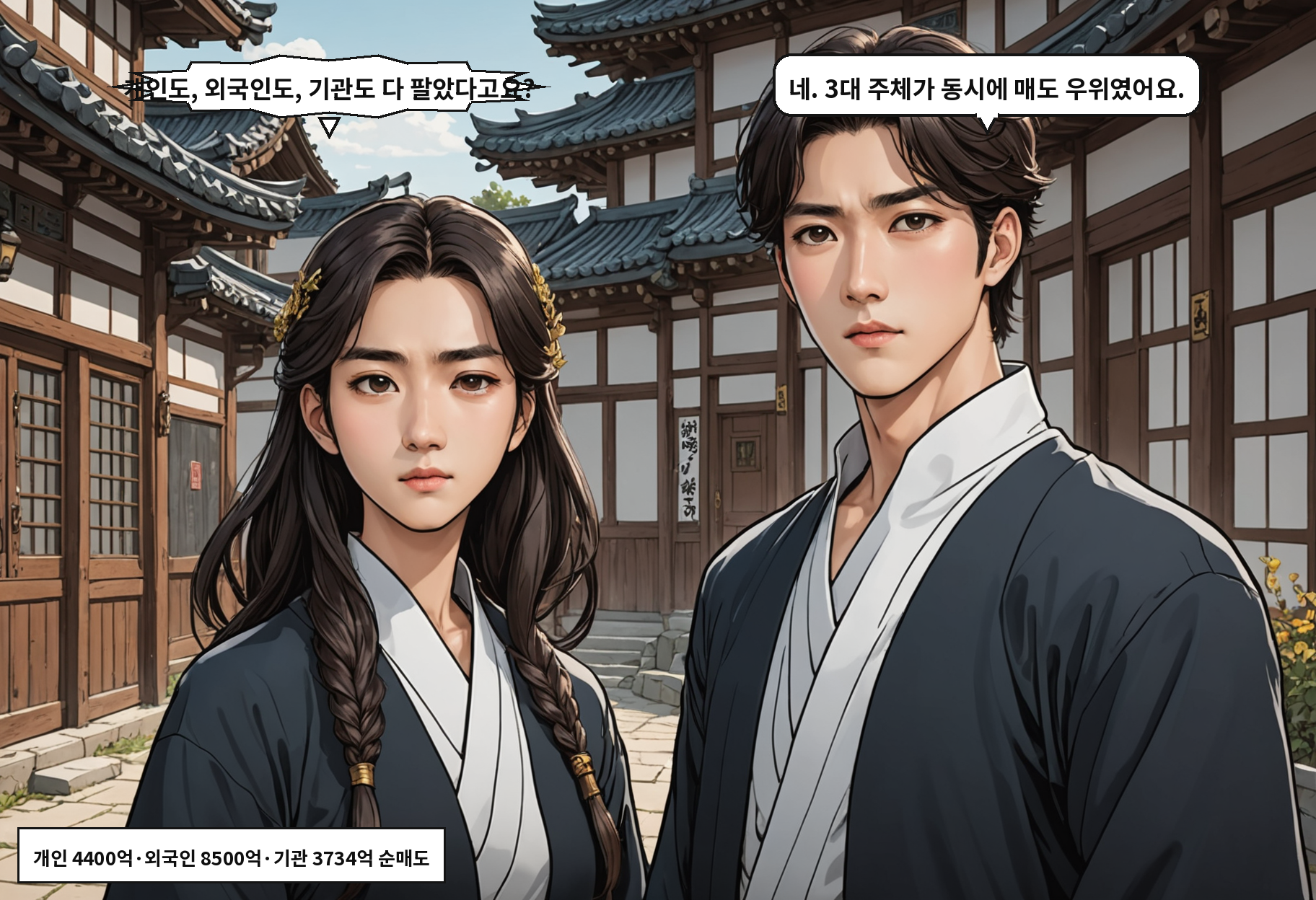 B: 개인도, 외국인도, 기관도 다 팔았다고요? A: 네. 3대 주체가 동시에 매도 우위였어요.