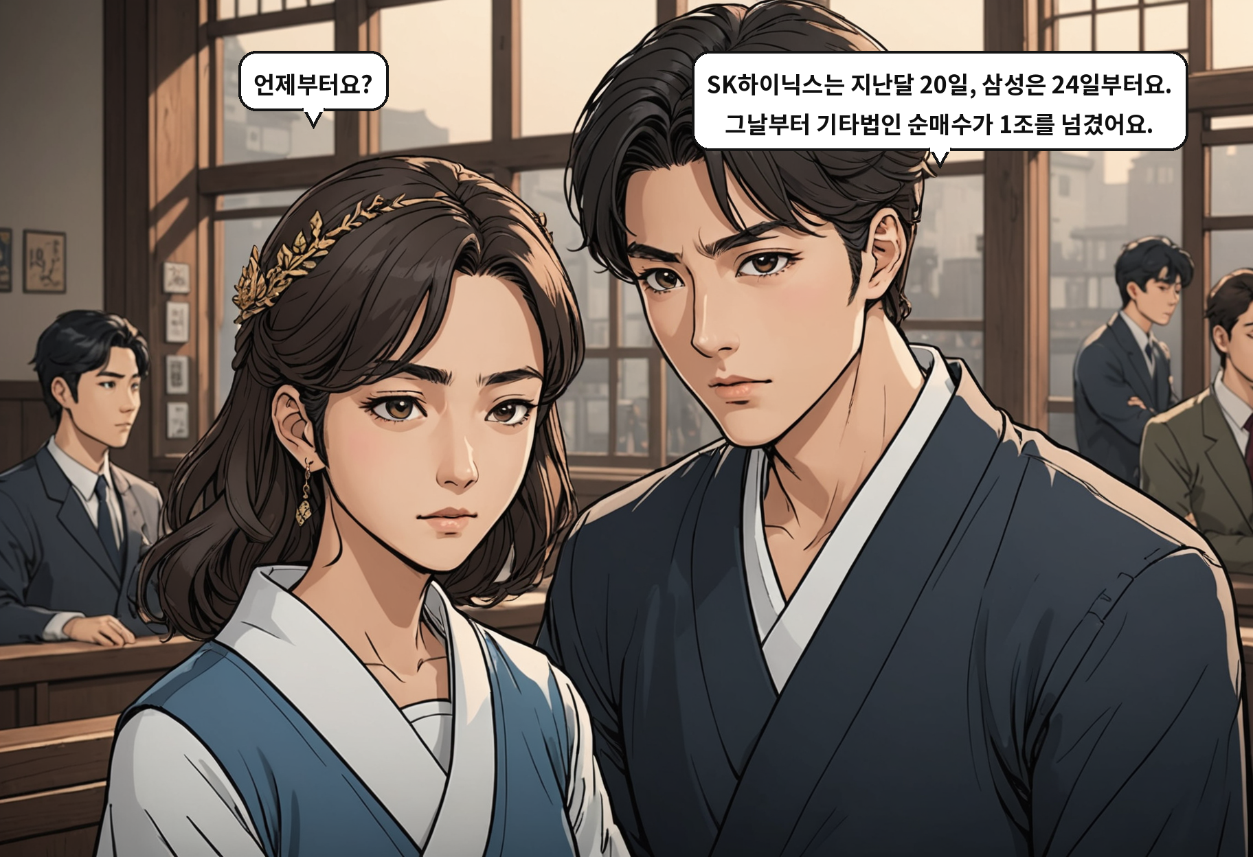 B: 언제부터요? A: SK하이닉스는 지난달 20일, 삼성은 24일부터요. 그날부터 기타법인 순매수가 1조를 넘겼어요.