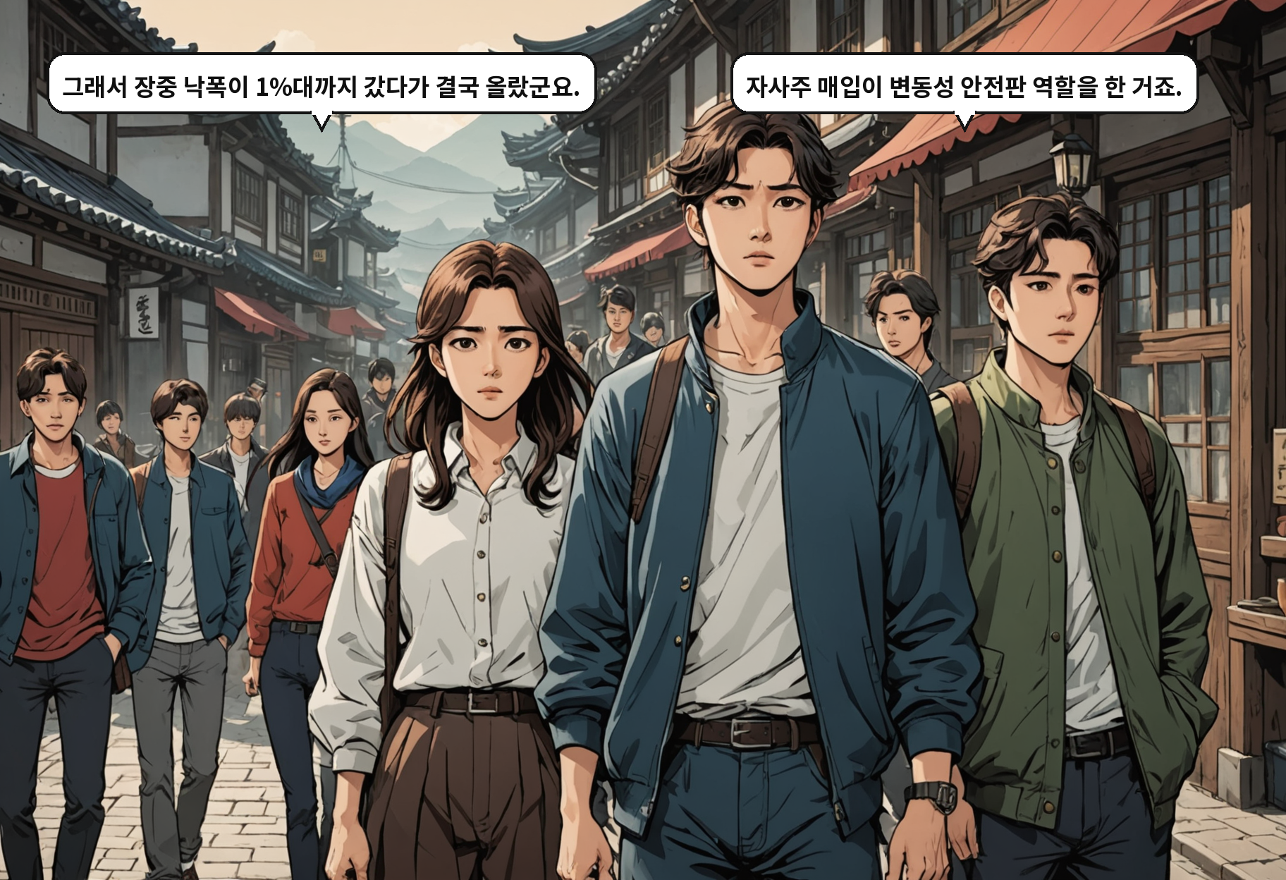 B: 그래서 장중 낙폭이 1%대까지 갔다가 결국 올랐군요. A: 자사주 매입이 변동성 안전판 역할을 한 거죠.