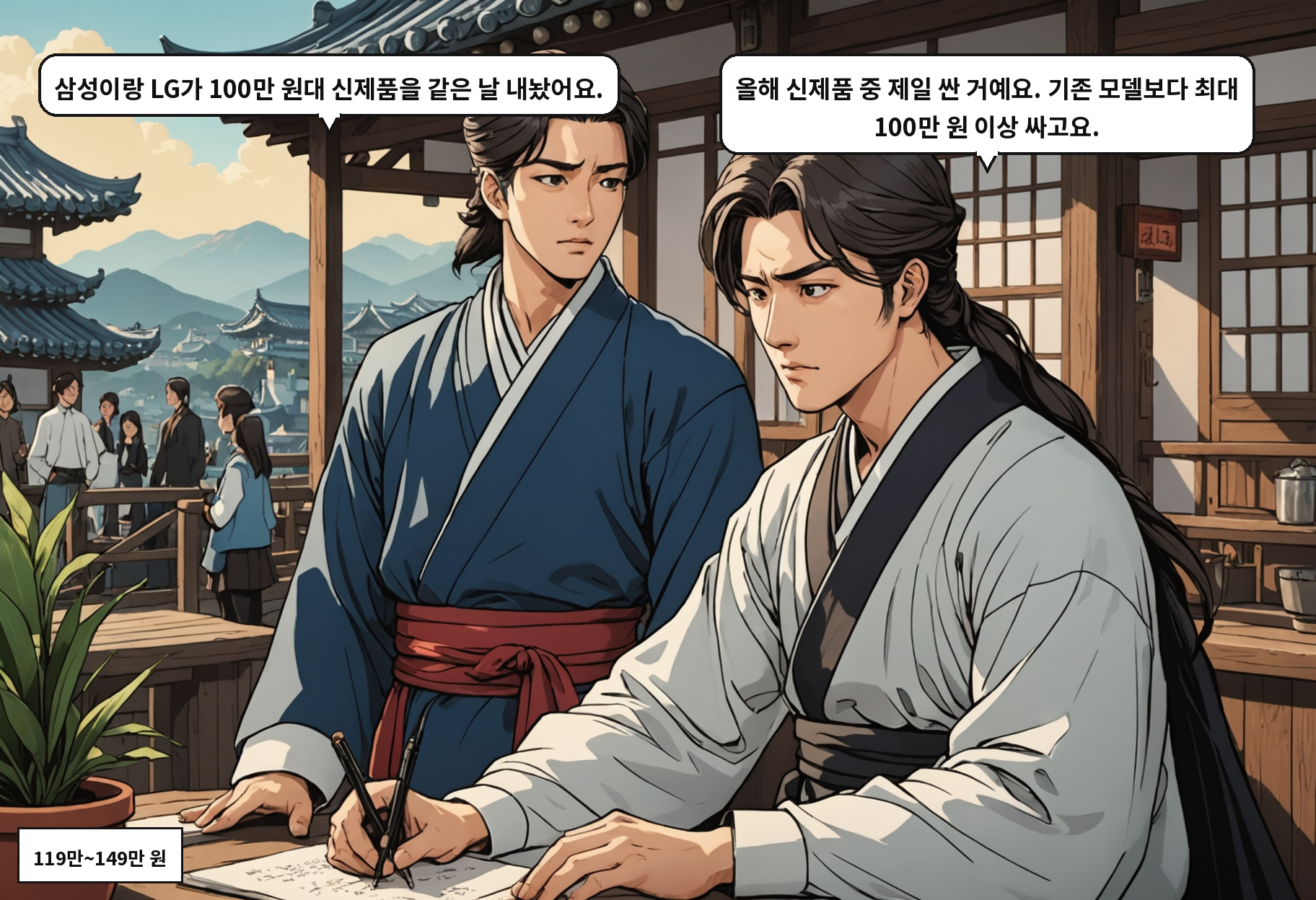 A: 삼성이랑 LG가 100만 원대 신제품을 같은 날 내놨어요. B: 올해 신제품 중 제일 싼 거예요. 기존 모델보다 최대 100만 원 이상 싸고요.