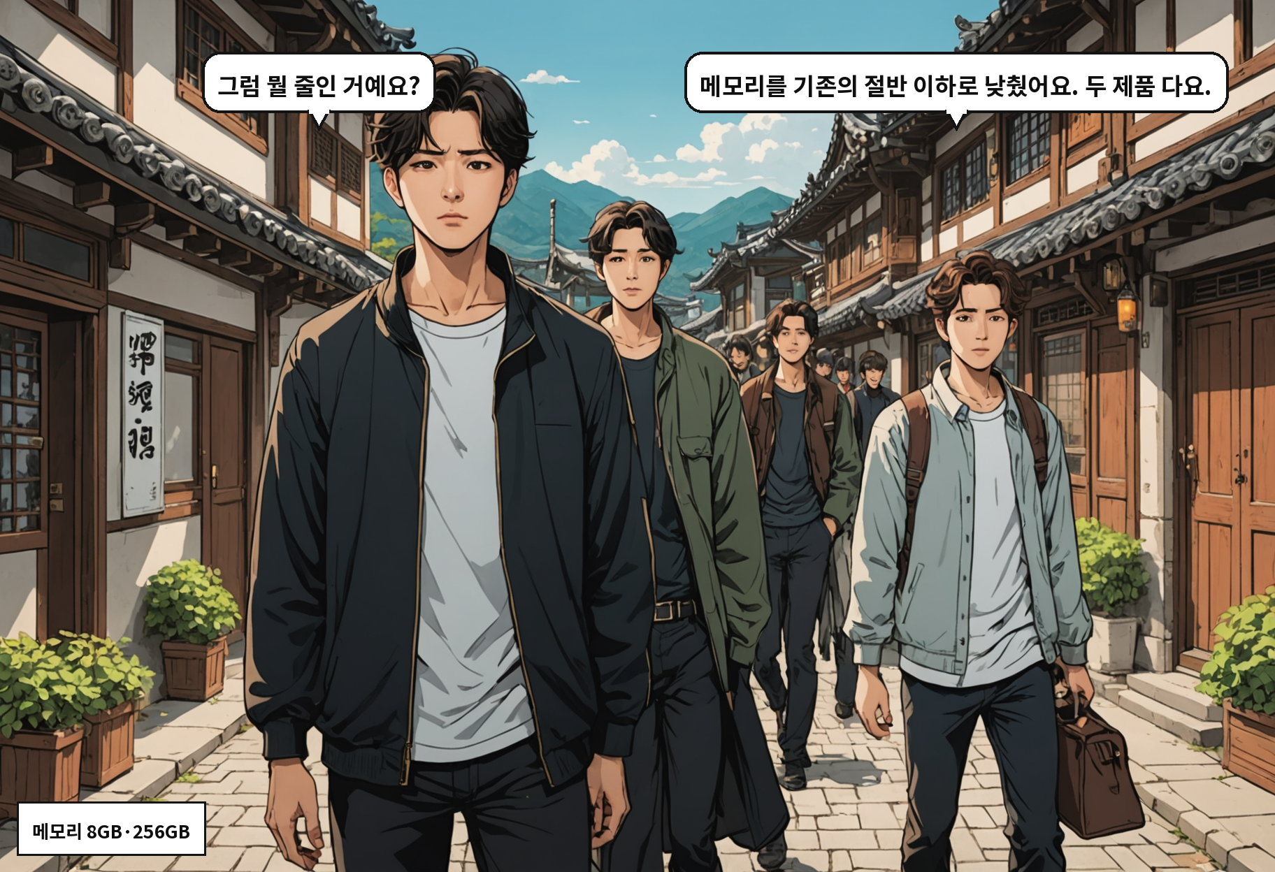 A: 그럼 뭘 줄인 거예요? B: 메모리를 기존의 절반 이하로 낮췄어요. 두 제품 다요.